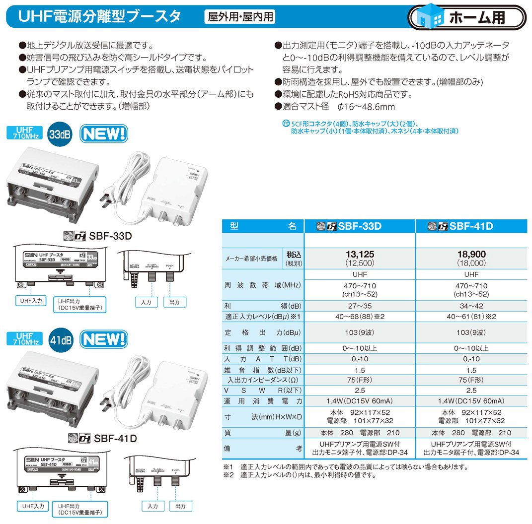 SUN UHFホーム用電波増幅器 SBF-33D　ブースター SBF-33D (サン電子)｜家庭用ブースター｜アンテナ部材｜電材堂【公式】