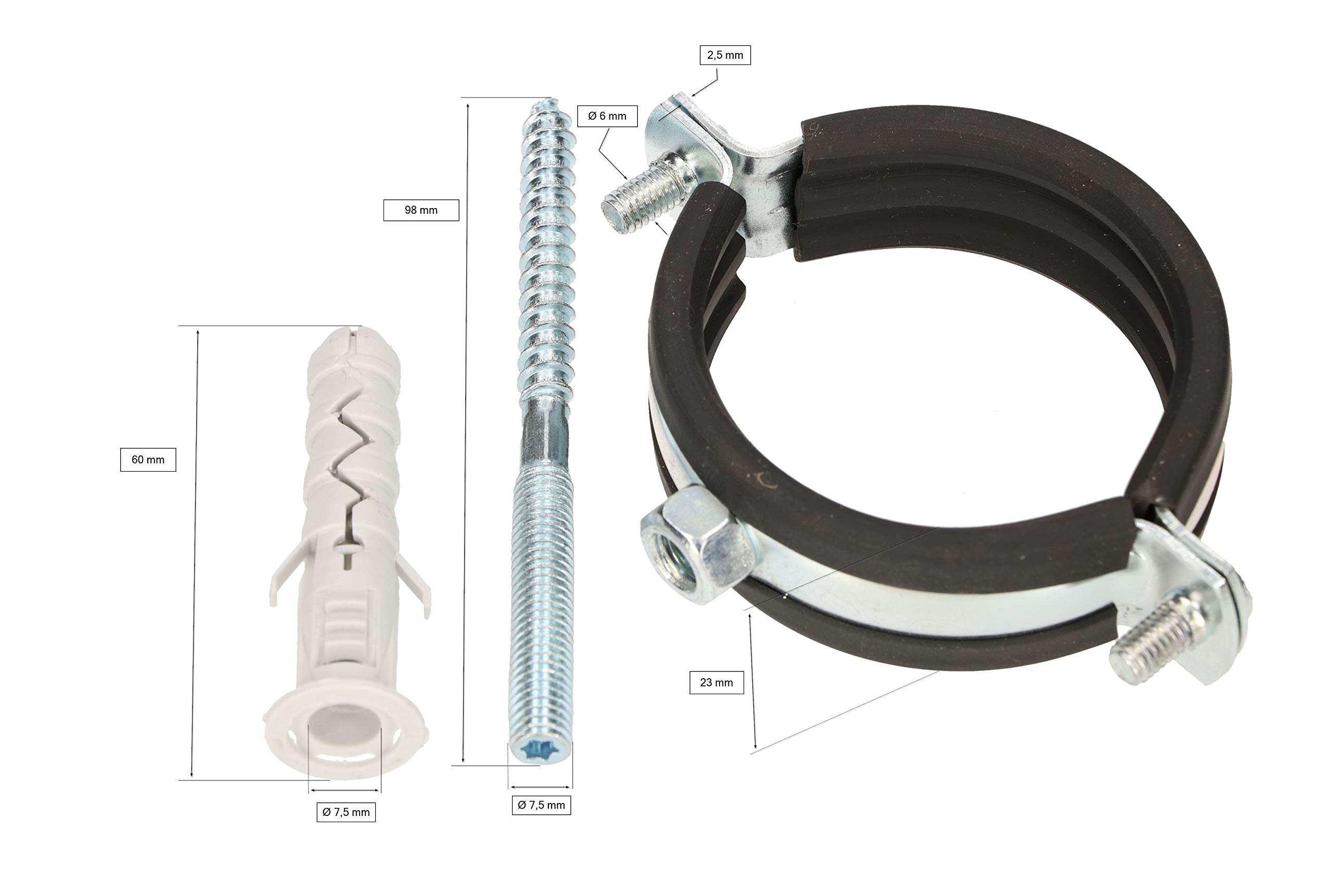 KOTARBAU® 10 pces. Collier de Serrage Tuyau - Acier Galvanisé - 2" - Fixation pour Tube - Collier de Fixation - avec Joint en Caoutchouc - avec Chevilles - Noir Argenté