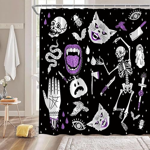 Miniatura 8 de GCTNBJL Cortina de ducha de Halloween, espeluznante alquimia, calavera, esqueleto, gato, calabaza, quiromancia, gótica, bohemia, tablero mágico de
