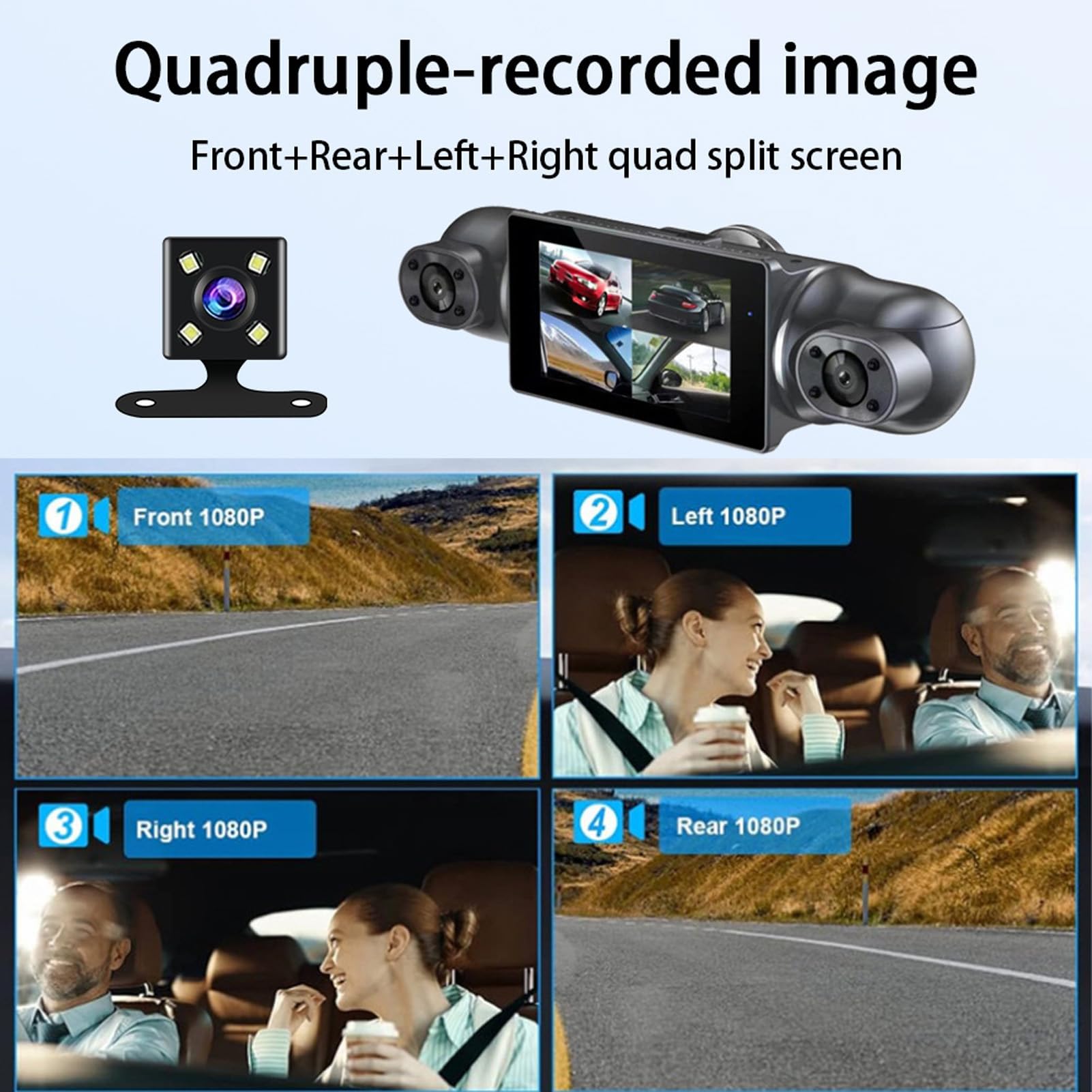 ASHATA Dash Cam a 4 canali 360° anteriore e posteriore sinistra destra interna per auto, 1080p HD 170 ° grandangolare registratore cruscotto con schermo da 2,7 pollici, modalità parcheggio 24 ore