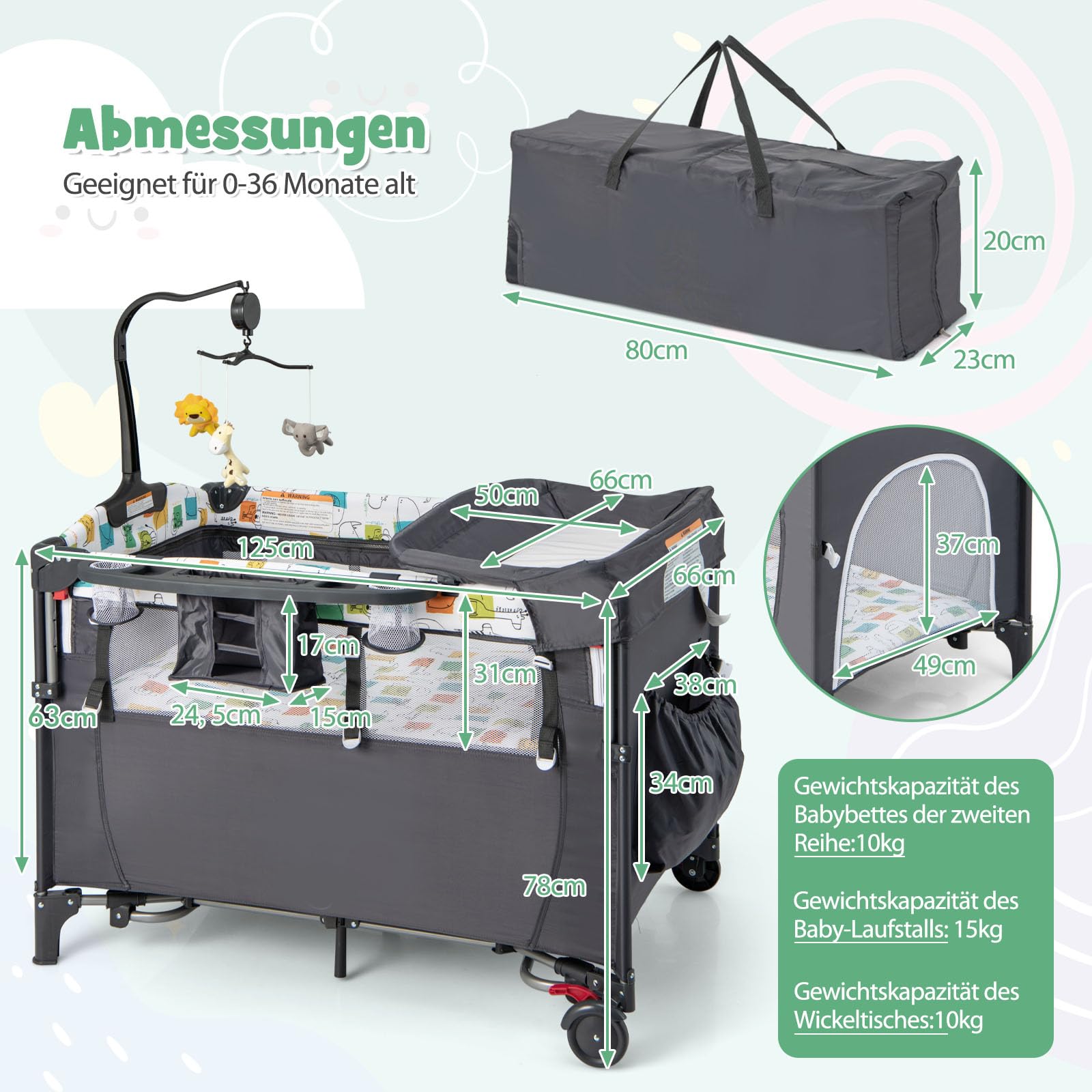 DREAMADE 5 in 1 Reisebett mit Matratze 120 x 60cm, Höhenverstellbar Beistellbett mit Wickeltisch, Spieluhr & Spielzeug, Babybett Babyschaukel für Baby ab Geburt (Grau)