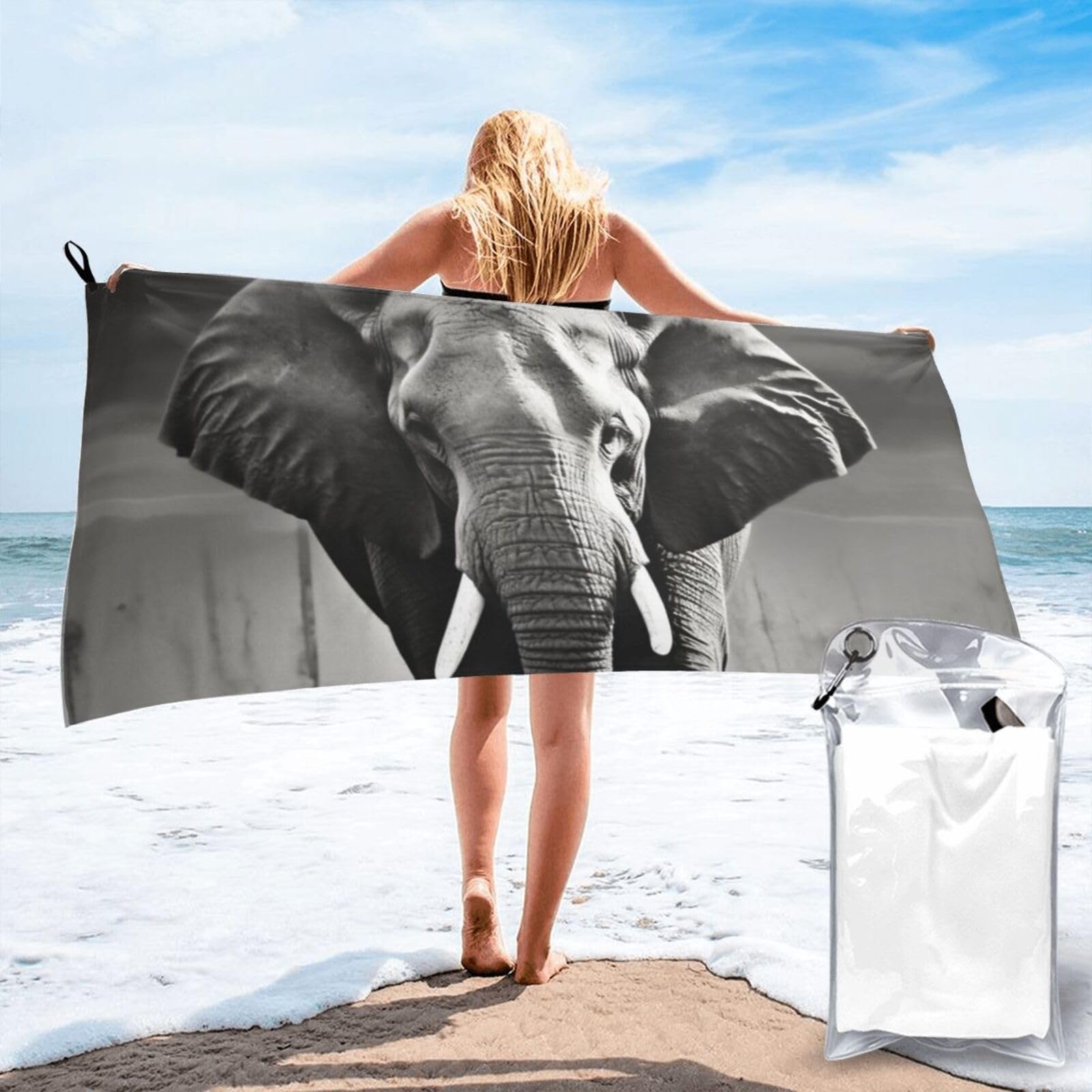 DWVTSLH Microfiber Sand Free Beach Towel 27.5"x55", Quick Dry Absorbent Travel Towel Large Camping Blanket, Black and White Elephant Bath Towels Lightweight Pool Swim Towels for Vacation Essentials