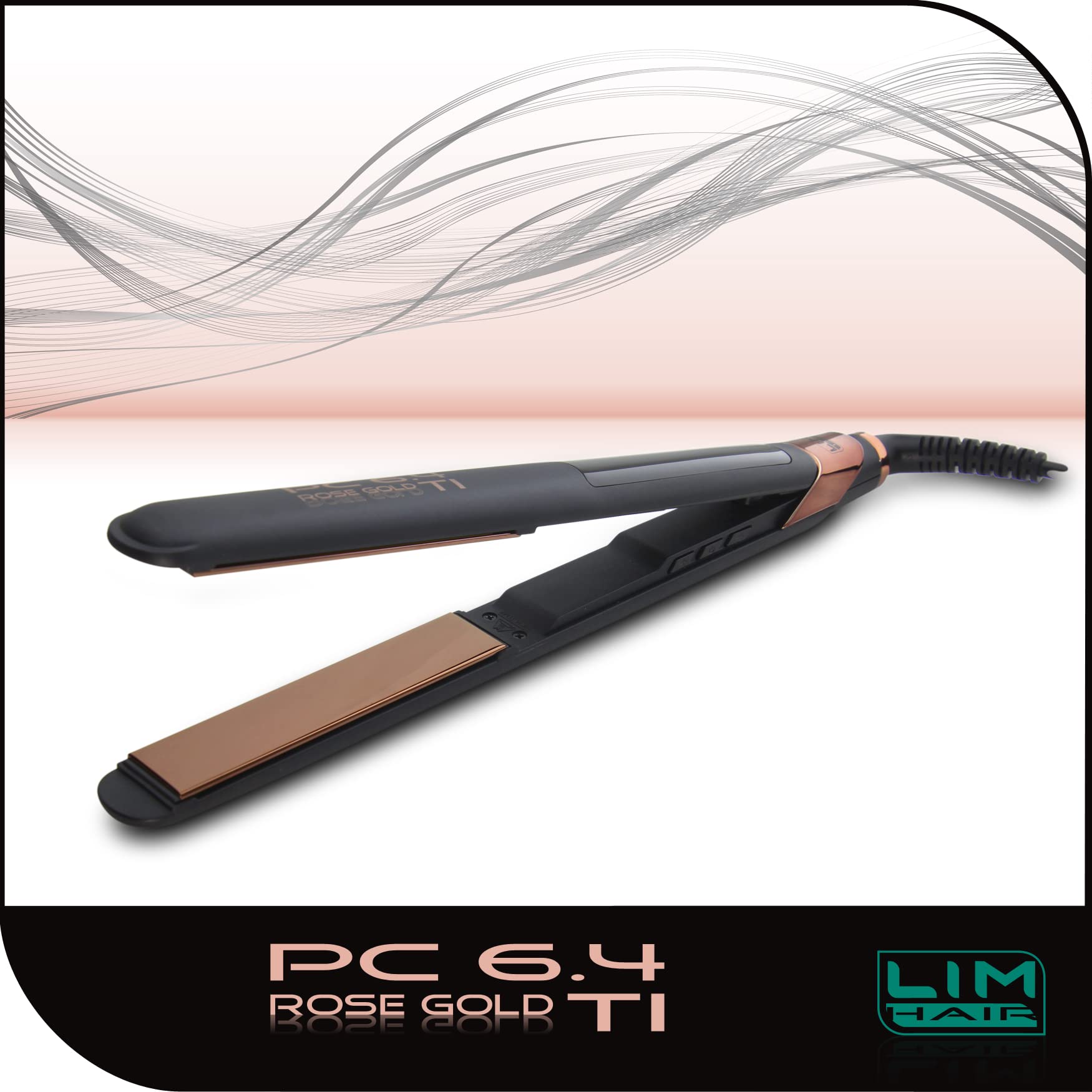 Plancha de cabello LIM HAIR PC 6.4 ROSE GOLD TI. Placas basculantes y oscilantes ROSE GOLD TITANIUM. Temperatura regulable hasta 230 ºC. Neceser térmico y tapete protección mesa trabajo. (PC 6.4)