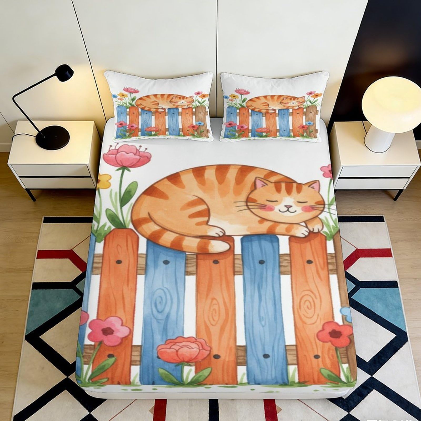 Uxinyoume Style-2 3D Printed Orange Tabby Cat Fitted Sheet Microfiber Soft Decorative Fence Flowers Mattress Cover For Bedroom Guest Room 90X200x25cm