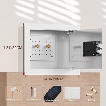 KornerBatl Small Hidden In Wall Safe Between 16 Studs with Removable Pegboard, Key Access White In Wall Safe for Jewelry, Passport, Document Storage
