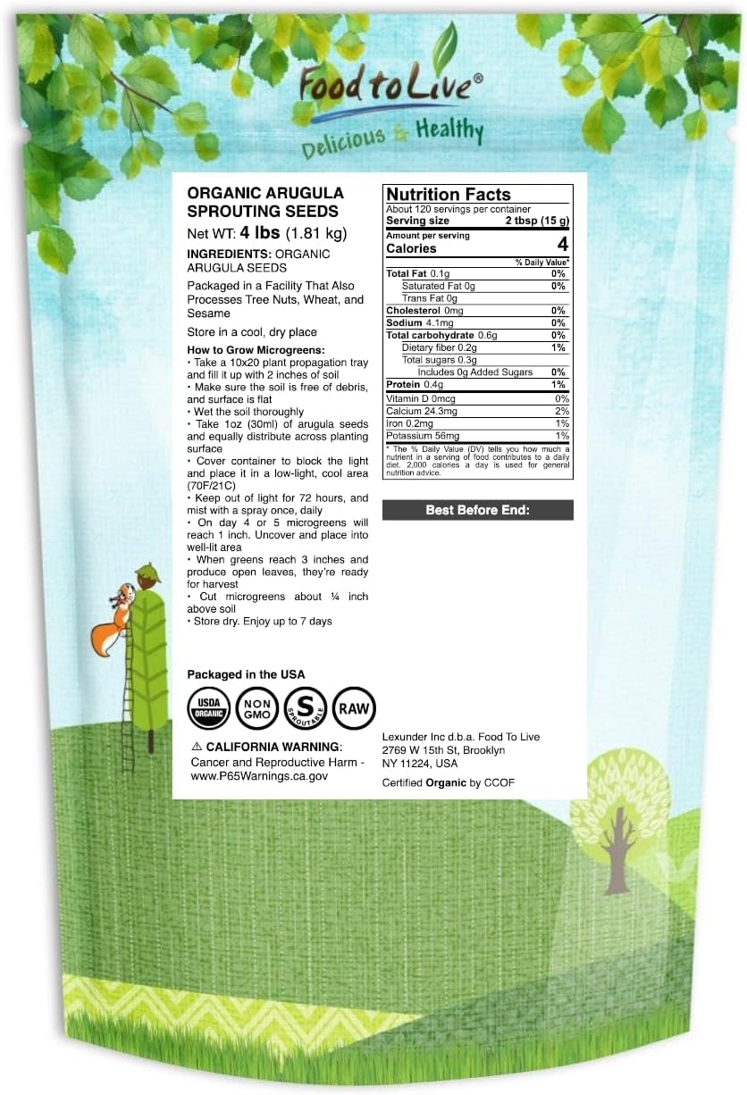 Food to Live Organic Arugula Sprouting Seeds, 4 Pounds - Non-GMO, Kosher, Great for Sprouting & Planting, High Germination Rate, Vegan Superfood, Bulk, Microgreens & Plants for Salads, San