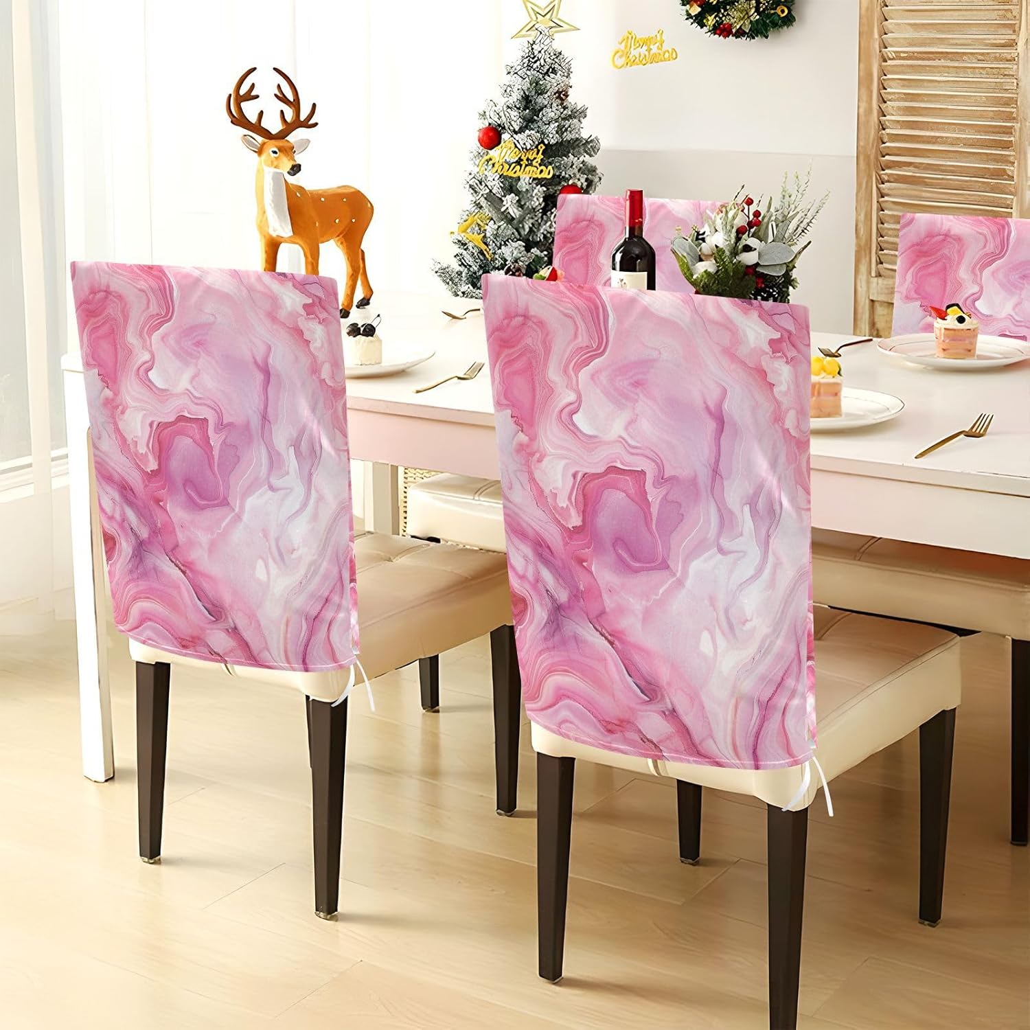 ALAZA Pink Red Marble Chair Back Cover Set of 6, Washable Reusable Removable Chair Slipcovers Decorative Chair Cover for Home Kitchen Wedding Party