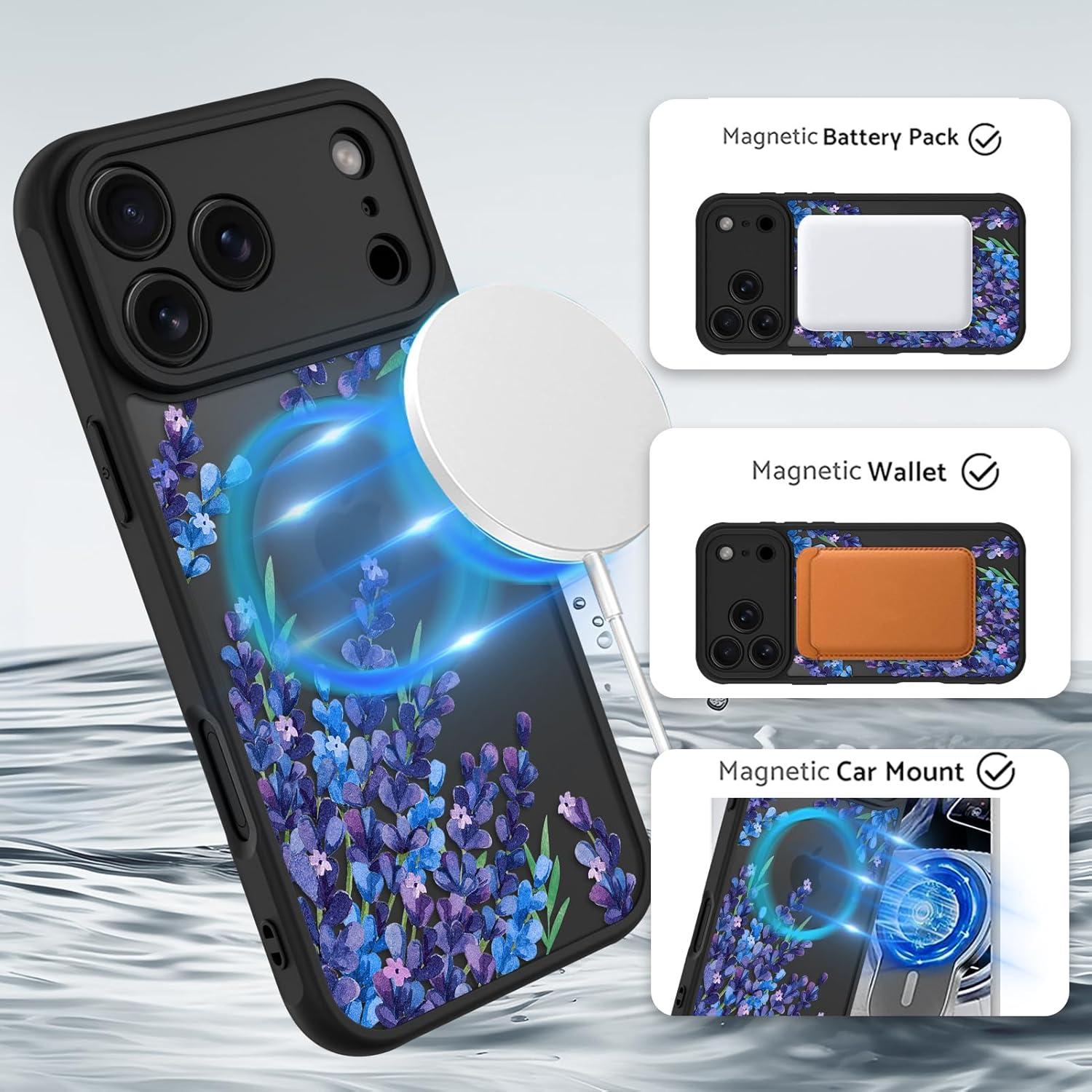 OOK Case for iPhone 17 Pro 6.3 Inch (Compatible with MagSafe) Purple Floral Flowers Lavender Design Translucent Phone Cover Soft TPU + Hard PC Anti-Scratch Shockproof Magnetic Cute Case for Women - Image 2