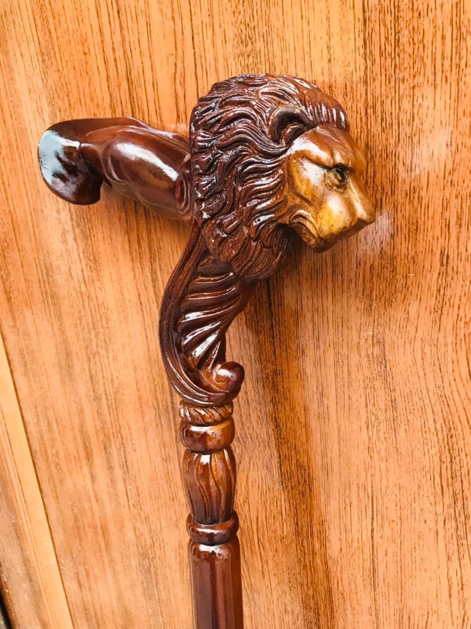 Hand Carved Lion Head Walking Cane With Natural Wood Grain - 36" Unique Design Premium Wood Craved With Ergonomic Palm Grip Handle Wood Carved Walking Cane Gift For Men Women