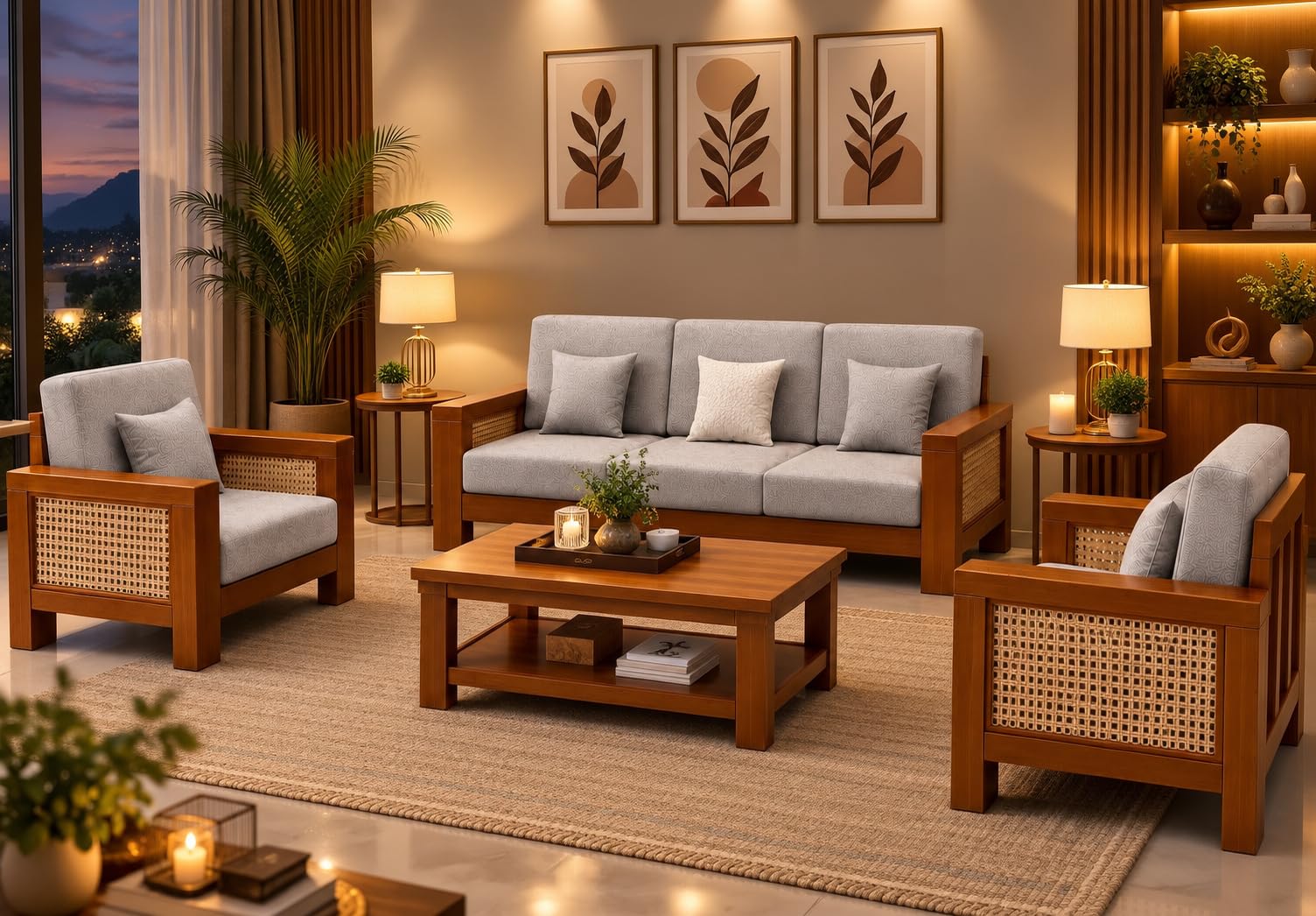 5 seater sofa set for living room with table | wooden sofa set for living room 5 seater | solid sheesham wood sofa set seater (3+1+1, honey finish) table includade