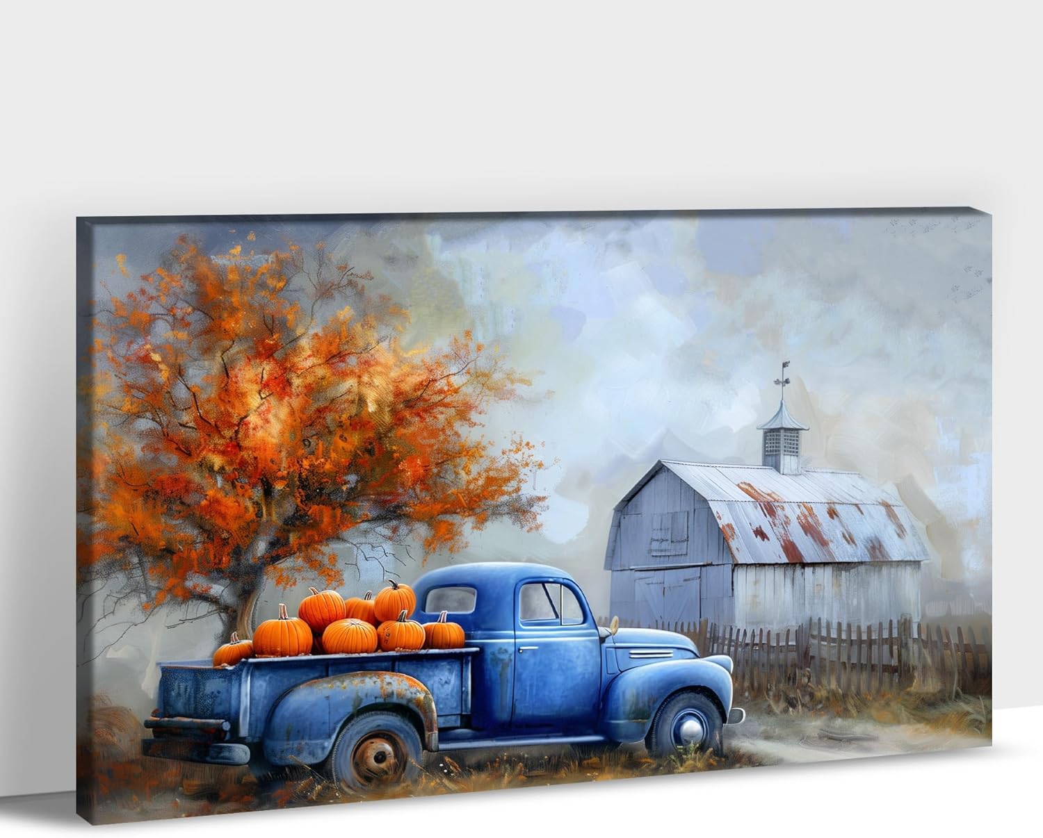 UZMKM Autumn Farmhouse Truck Wall Art, Old Blue Truck