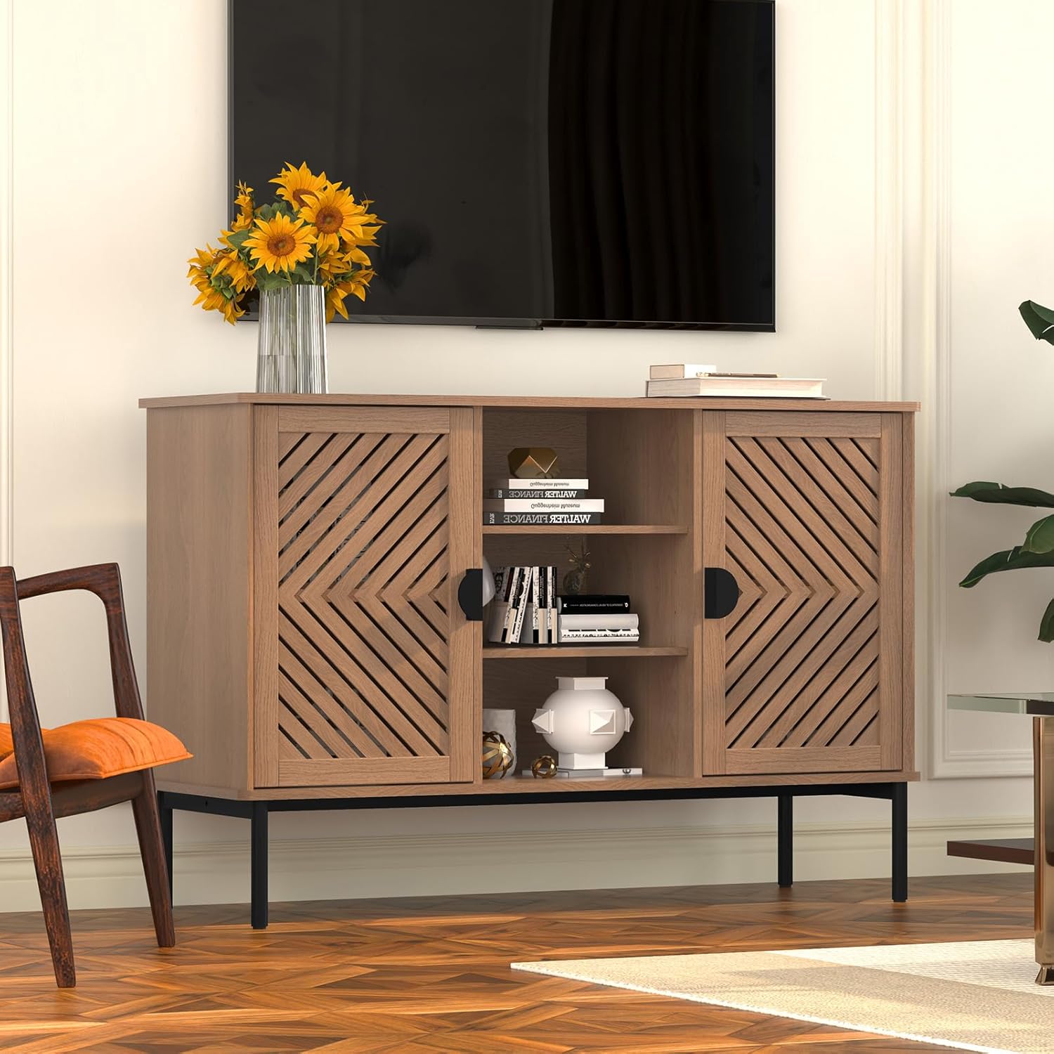 ARTPOWER Accent Cabinet with 2 Hollow Doors, Sideboard Storage Cabinet, Modern Buffet Cabinet with Adjustable Shelves & Metal Handle, Decorative Credenza for Living Room Kitchen Dining Room, Wood