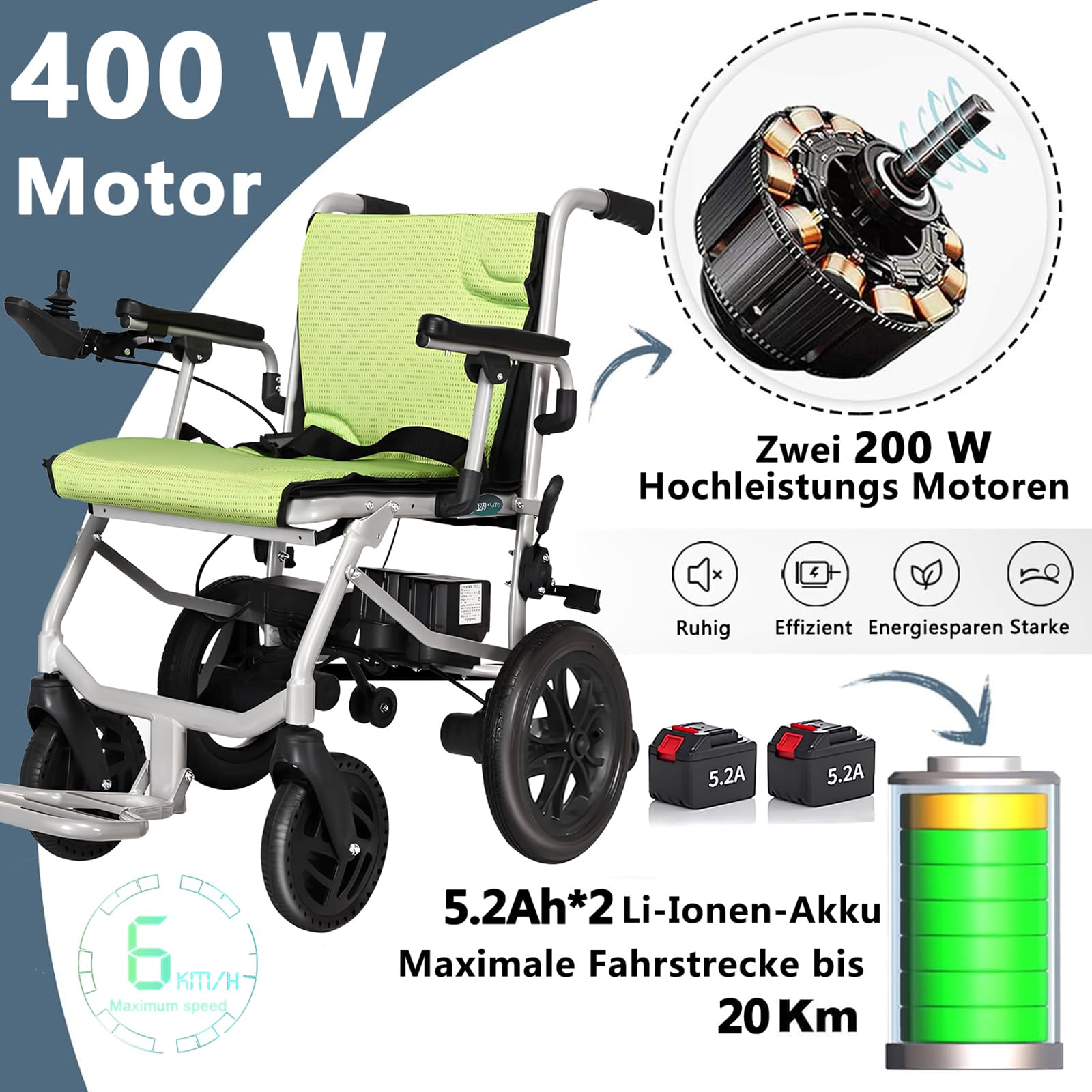 AMITD Elektrischer Rollstuhl Faltbar Leicht Luftfahrt-Zertifizierung 15 kg 20 km bis 120 kg Elektrorollstuhl mit Doppelsteuerung Herausnehmbar Li-Akku Intelligente Bremse, für Indoor Outdoor Reise