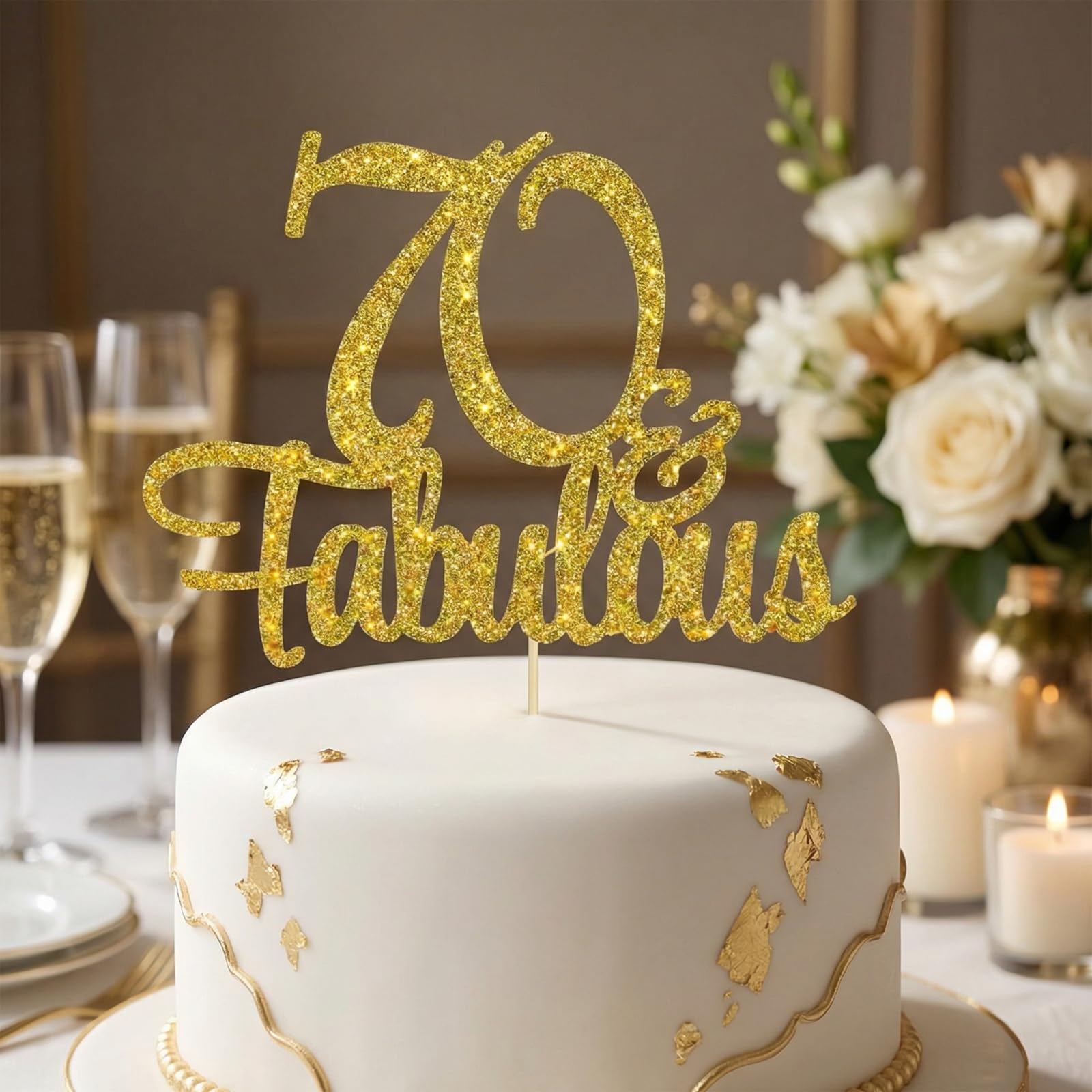 70th Birthday Cake Topper Gold - Fabulous 70 Cake Decorations Non-Edible with Golden Stand for Women Men Anniversary Party Supplies