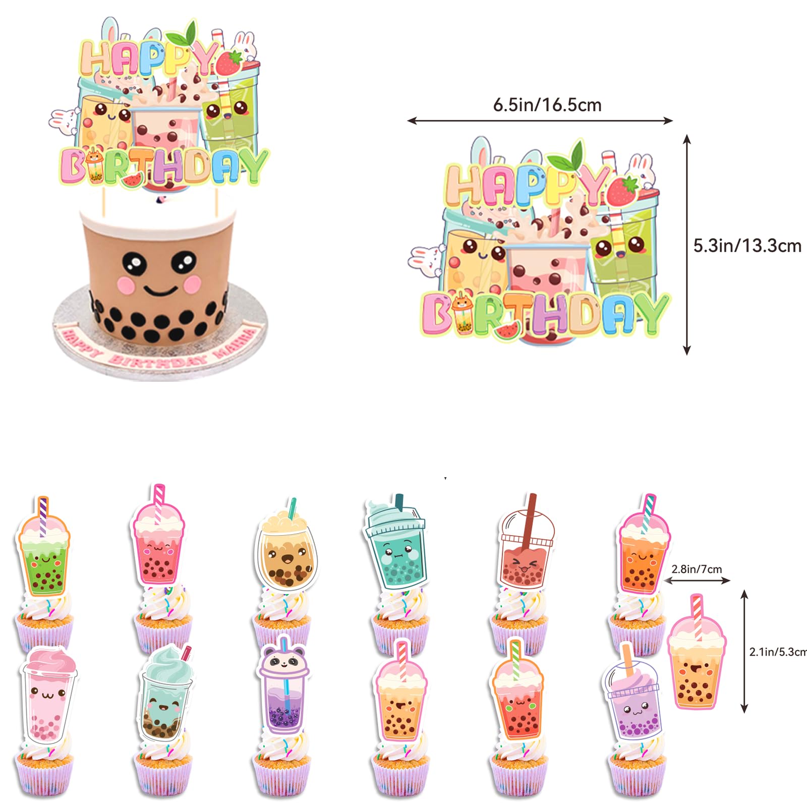 Decoraciones de fiesta de té Boba - Decoraciones de cumpleaños con pancarta de té de Boba, fondo, espirales, centros de panal, adornos para cupcakes, globos