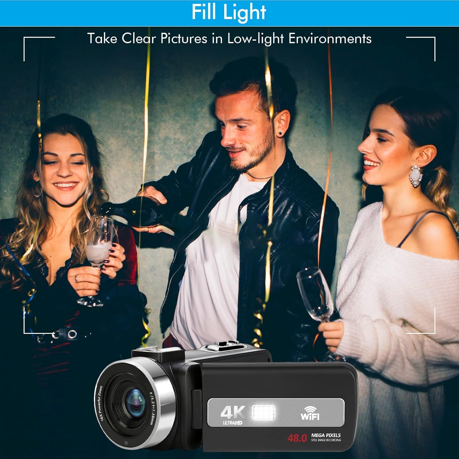 WIKICO 4K Camcorder with fill light illuminating a scene with people at a party.