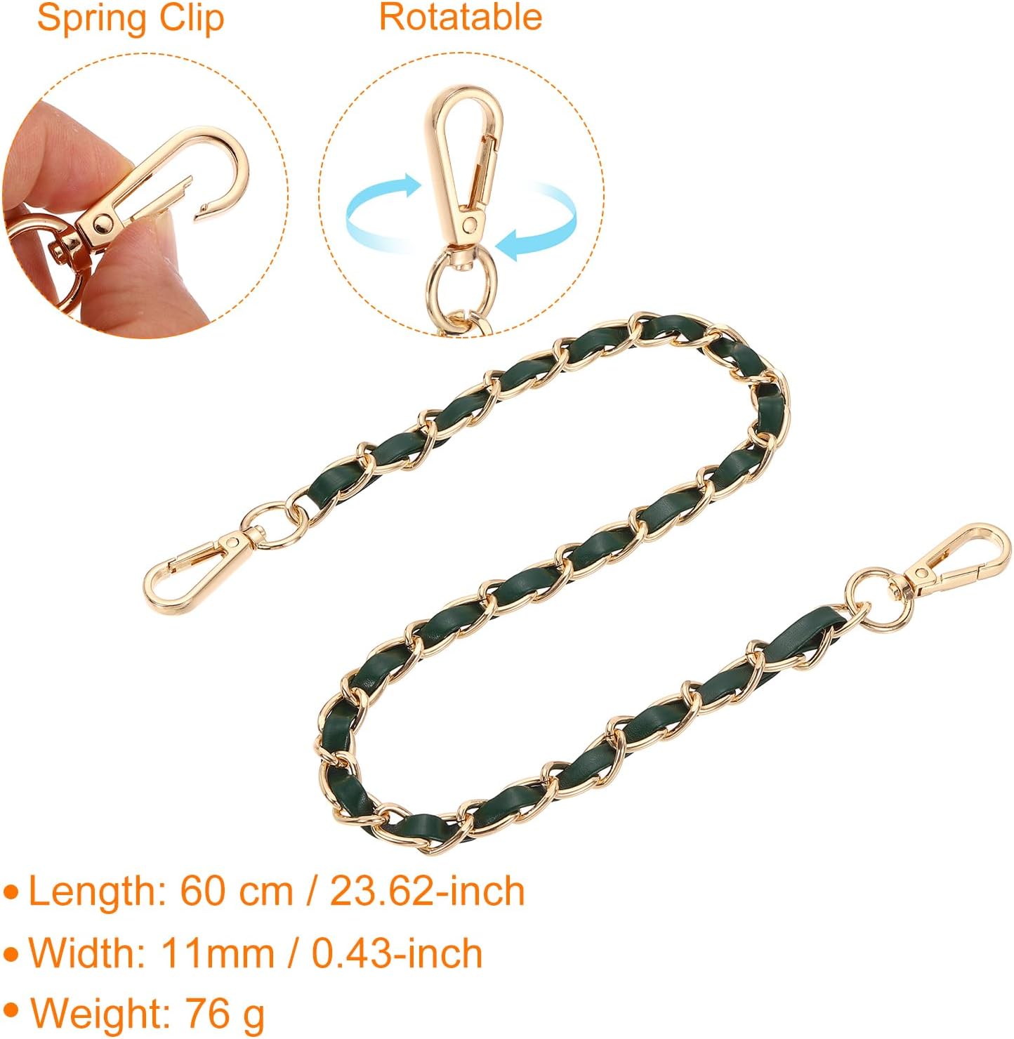 uxcell Purse Chain Strap, 24 Inch Leather Iron Flat Chain Handbag Chains Purse Straps with Buckles for Shoulder and Cross Body Bags (Green Strap + Gold Chain) - Image 2