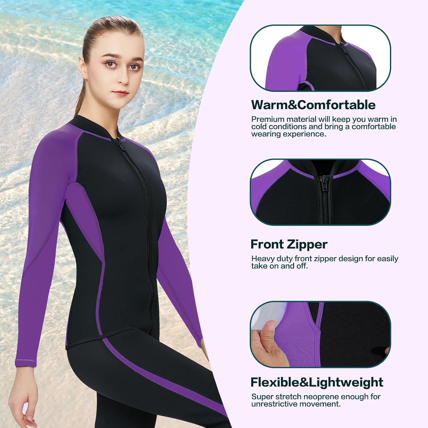 Wetsuit Top Men,2mm Mens Wetsuit Top 3mm Long Sleeve Wetsuit Jacket Men Front Zip Warm Wets Suit Jackets for Men Stretch Mens Wetsuit Top - Image 4