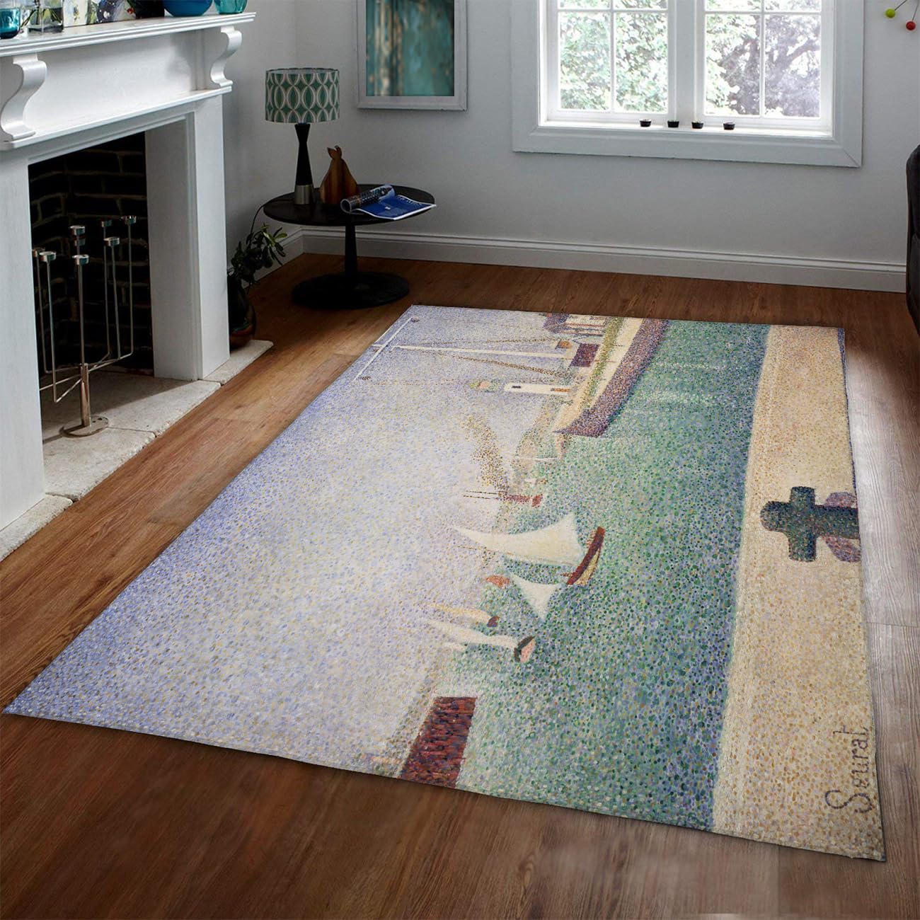 Tapis pointillisme bord de mer pour salon élégant et lumineux