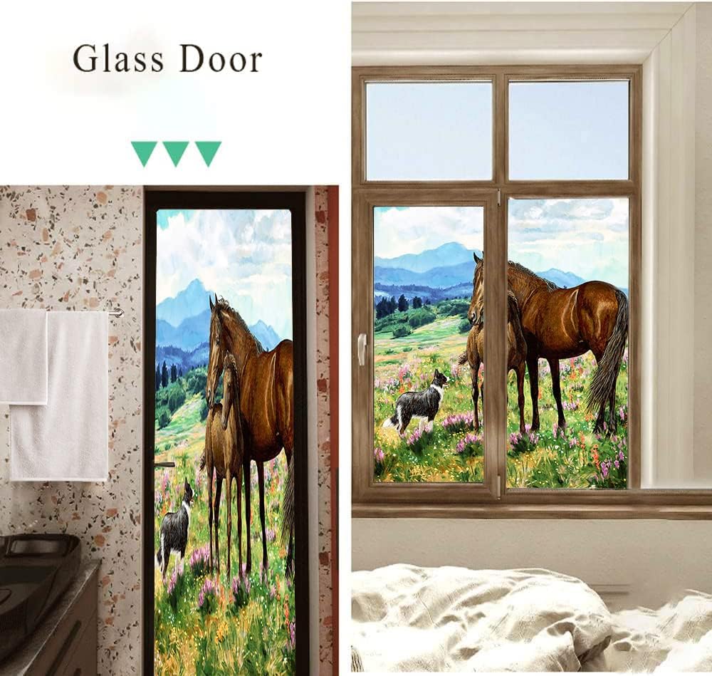 Watercolor Horse Stained Glass Film Abstract Forest Animal Horse Dogwindow Tinting Film for Home,Window Film Stained Glass 23.6Wx47.2L-Inch X2Pcs
