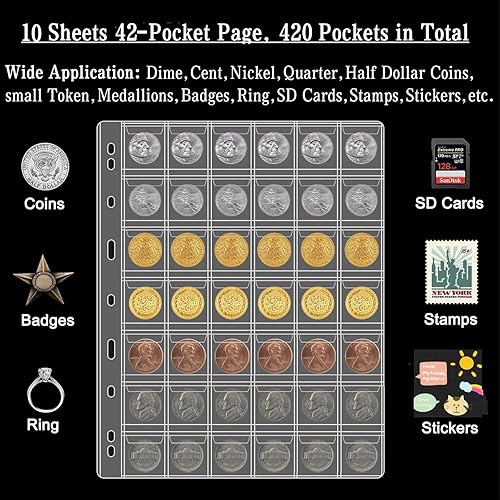Miniatura 2 de Ettonsun 10 hojas de 42 bolsillos para coleccionar monedas, fundas para monedas, insertos para carpetas, páginas de bolsillo para monedas, fundas de