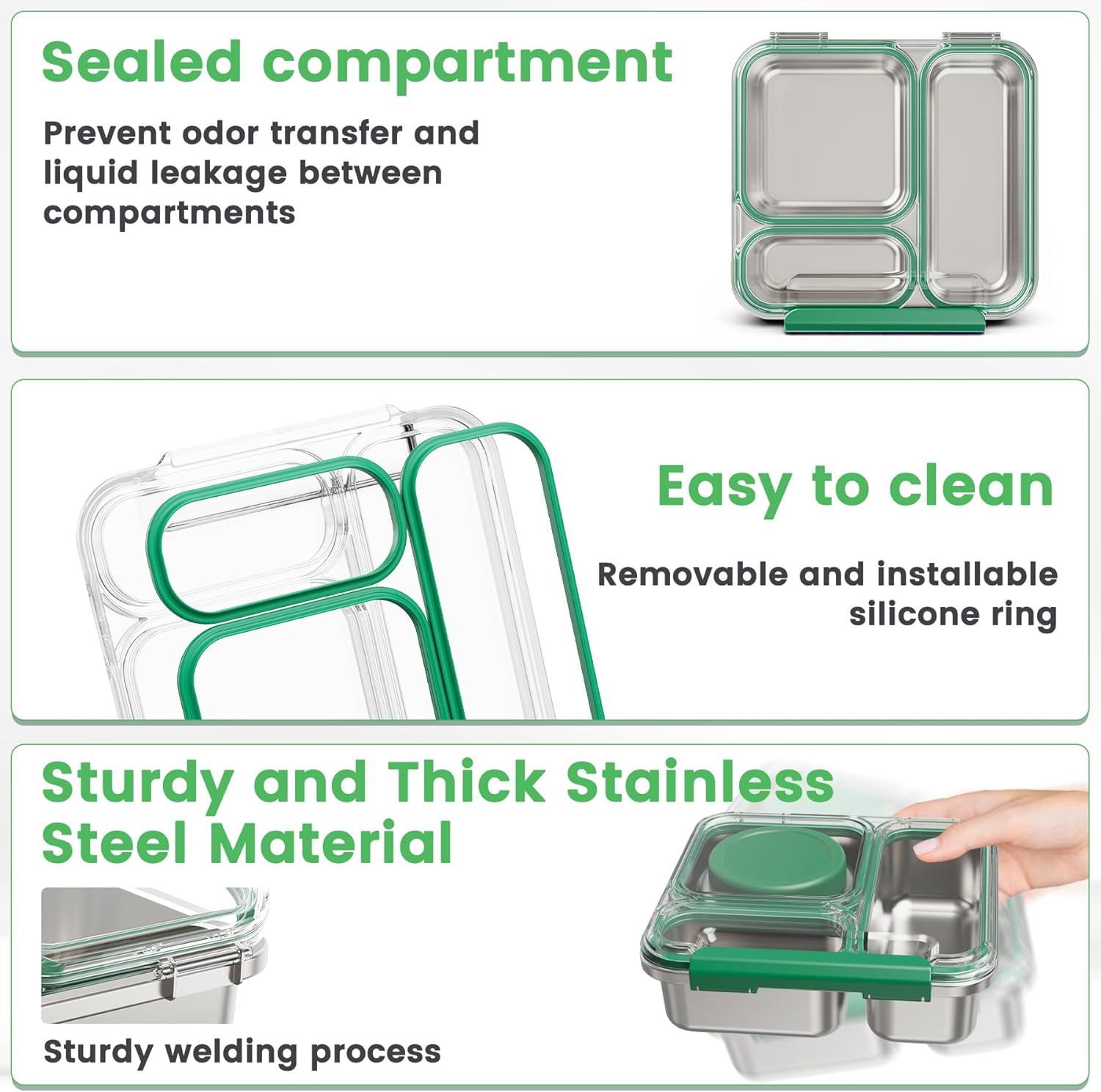 Stainless Steel Bento Box Kids Adult with 7oz Soup Thermo, Transparent Lid 3 Compartments Metal Bento Lunch Box with Insulated Food Jar,Lunch Box Container Sauce Cup for School,BPA-Free(Green)