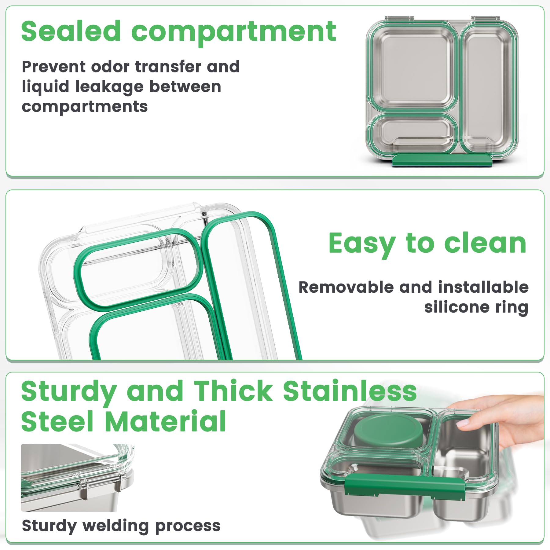 Itslife Bento Lunch Box Adulti Bambini in Acciaio Inox con 200ml Contenitore Termico per Alimenti, Porta Pranzo 3 Scomparti con Contenitore per Salse, per Lavoro Picnic Ufficio, senza BPA, Verde