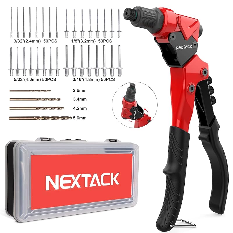 Kit de Rebitador Manual NEXTACK NT200 com Cabeça Giratória, 4 Mandris, 4 Brocas HSS e 200 Rebites