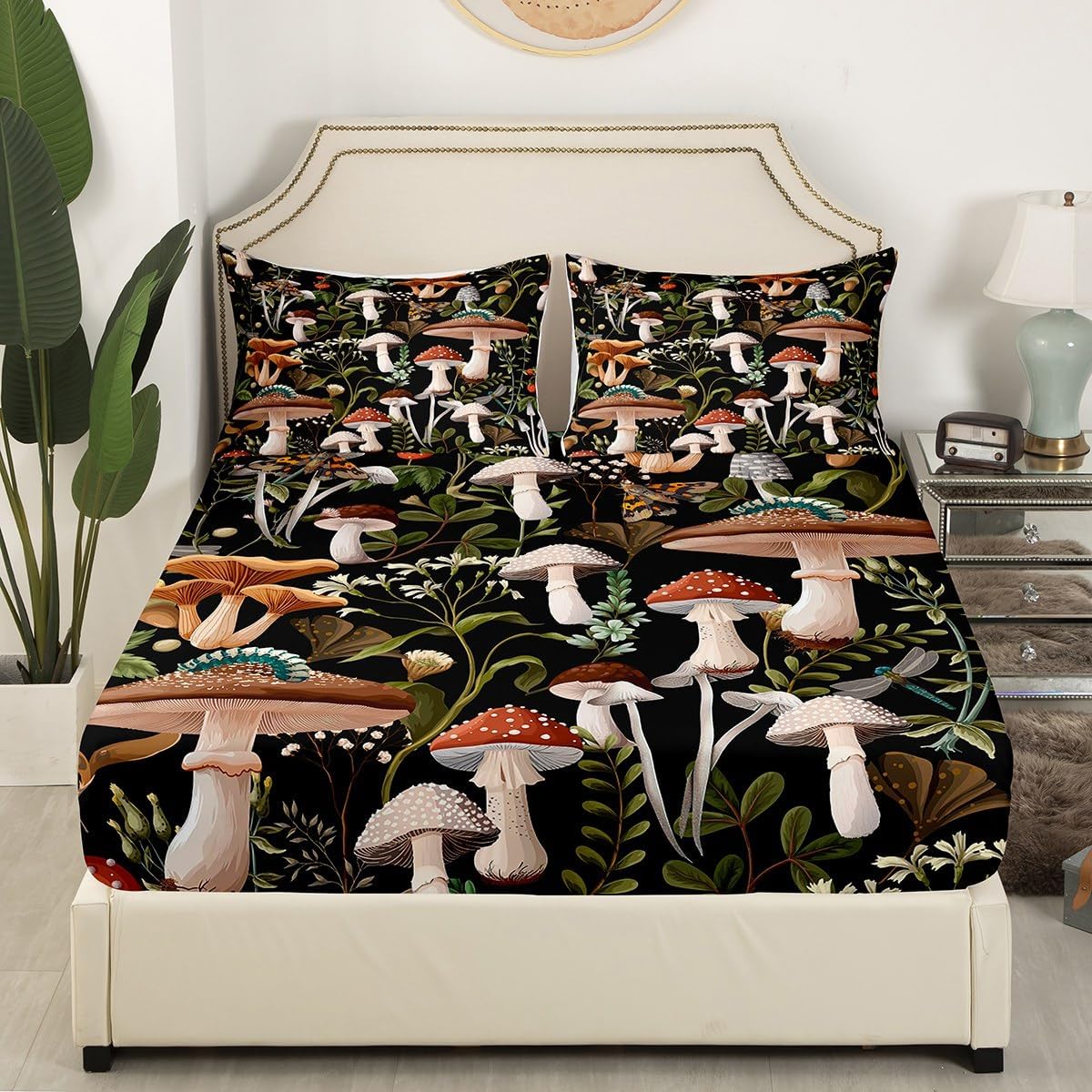 Mushroom Bed Sheets King Size 4 Pcs Watercolor Botanical Leaves Cute Strawberry Sheets Set for Kids Teens Adults Wild Dragonfly Rustic Jungle Style Bedding Set with Flat,Fitted Sheet,2 Pillowcases