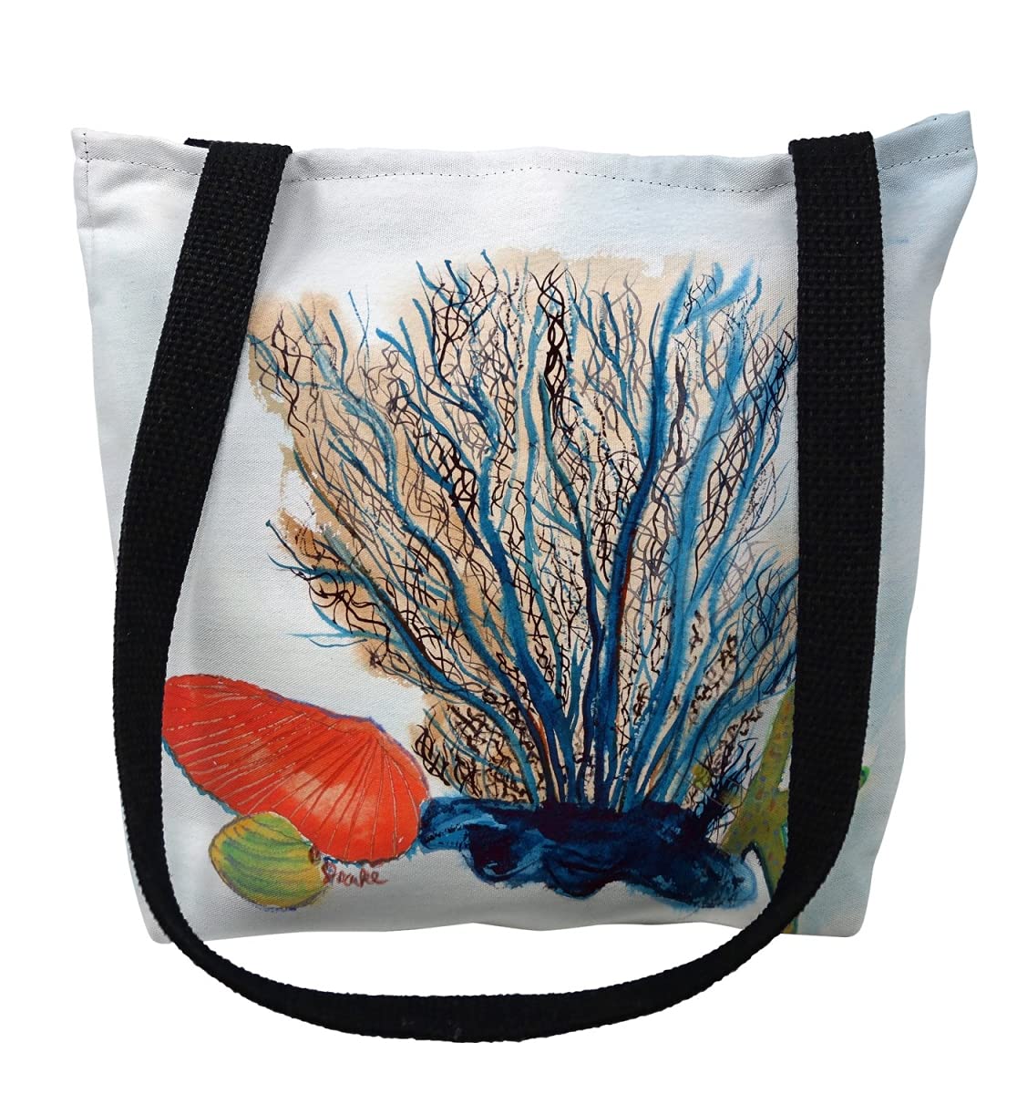 13 x 13 in. Coral & Shells Small Tote Bag by Betsy Drake – Cotton, Black, Model TY1070S