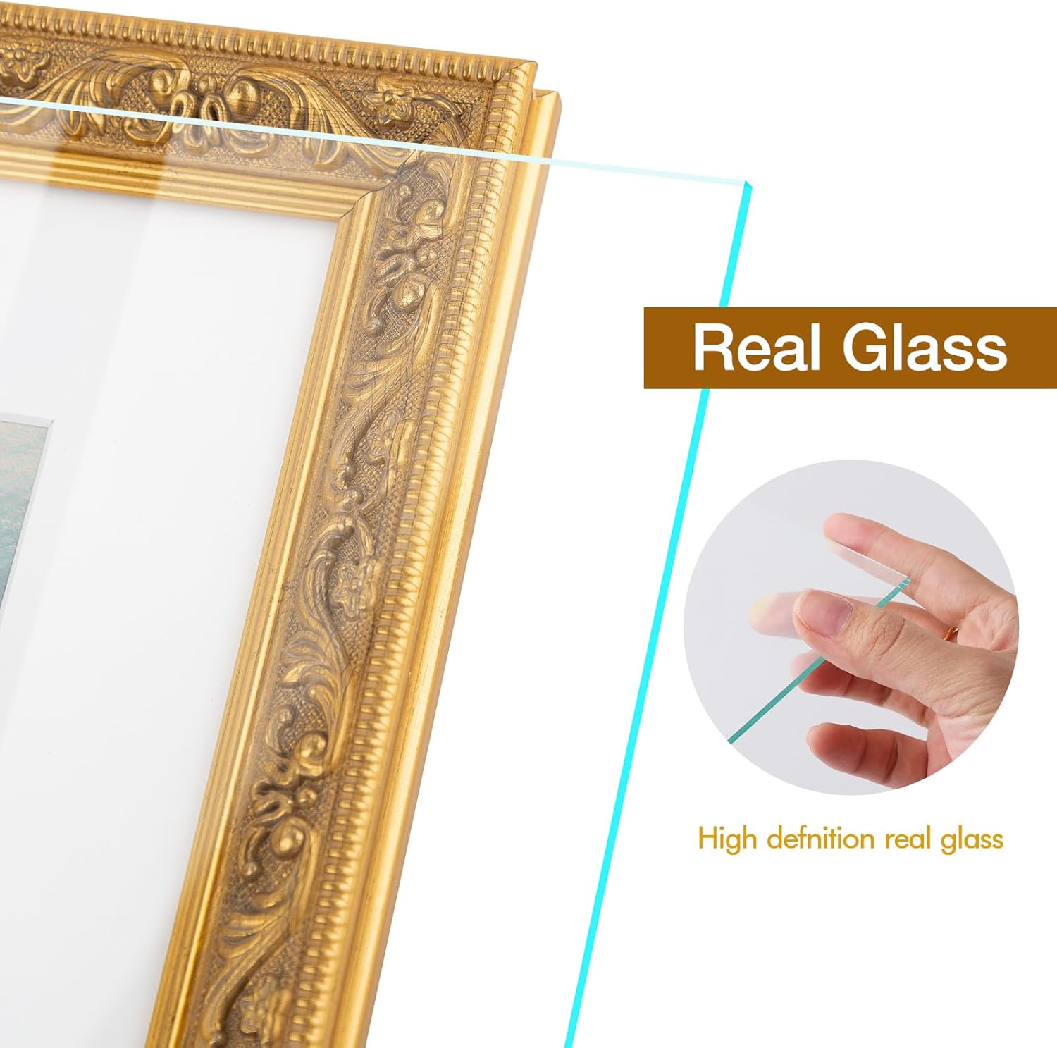 Golden State Art,12x16 Ornate Picture Frame for 8x12 Photo With Mat or 12 x 16 Prints Without Mat, Real Glass Wall Display Horizontally or Vertically (Color:Vintage Gold)