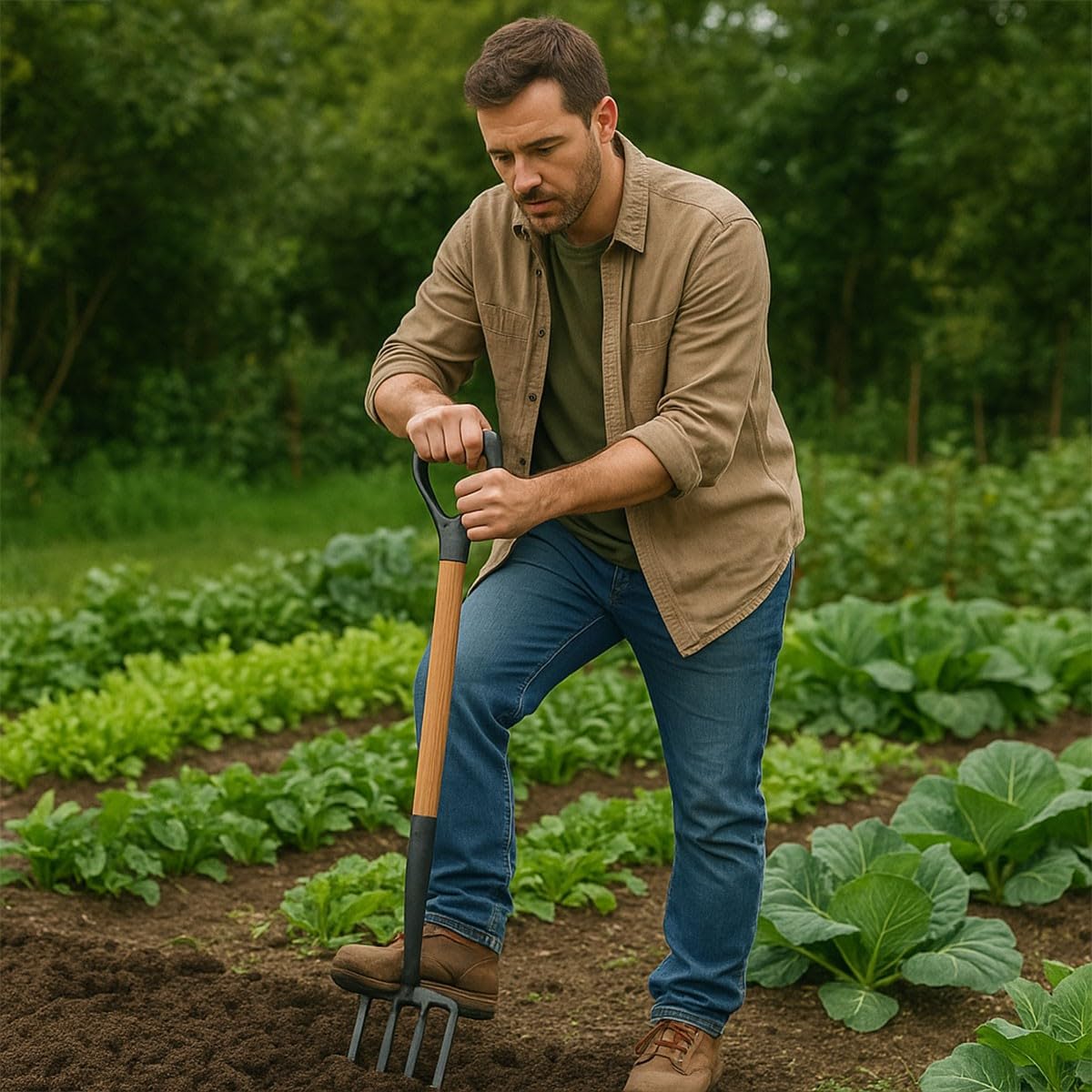 VITO - Fourche à Bêcher 4 Dents pour Sols Lourds & Caillouteux – Outil de Jardinage Idéal pour Aérer, Retourner la Terre & Décompacter – Manche Bois Poignée Y Ergonomique