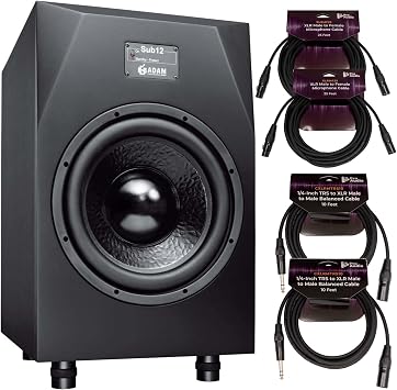 ADAM Audio Sub12 12 Inch Powered Studio Subwoofer Bundle | Includes PX-TMXM2 Balanced Cable 2 Pack and FocusProAudio Microphone Cable 3 Pack