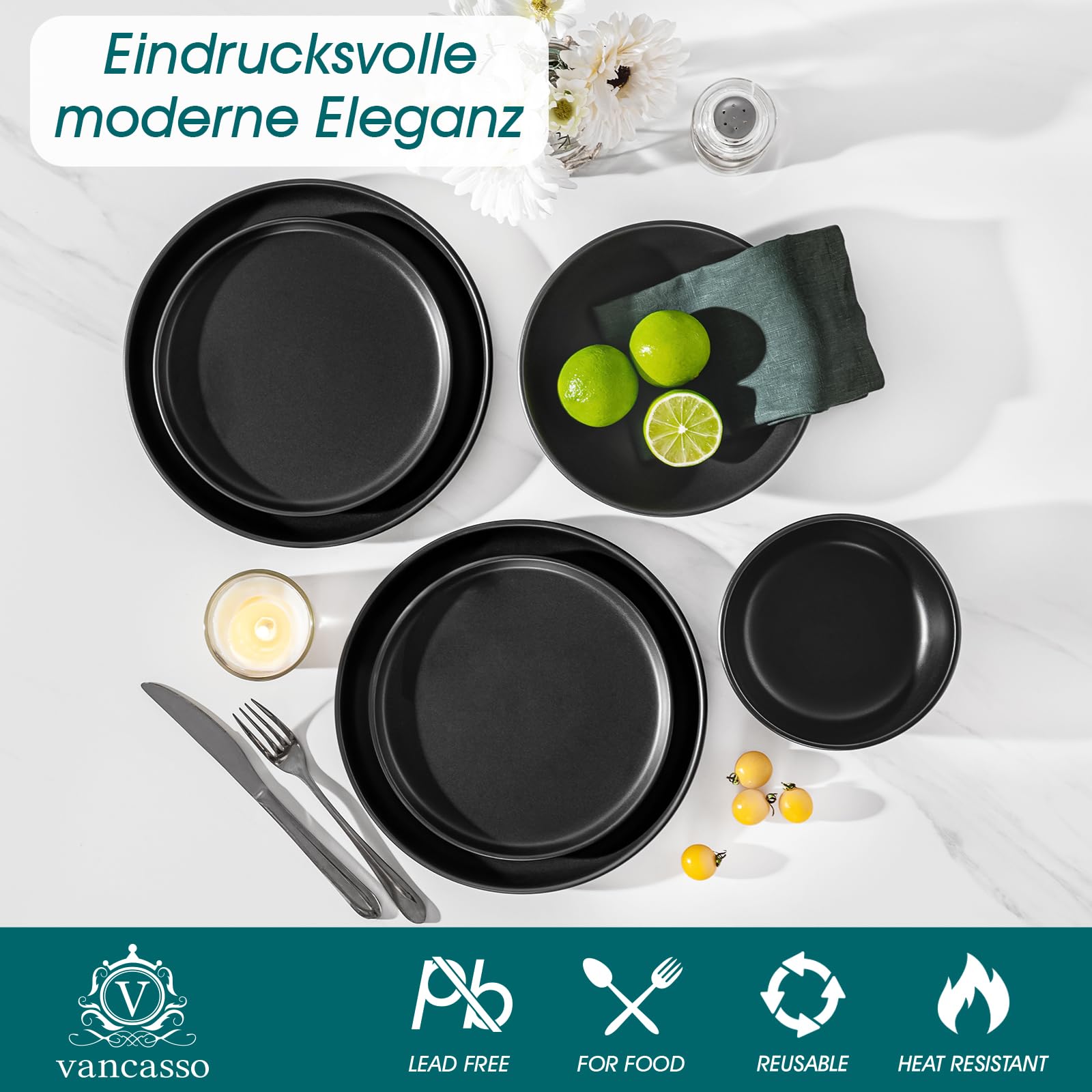 Geschirrset 6 Personen, vancasso PLAYA Steingut Geschirr set 24tlg für 6 Personen, Schwarz Tafelservice mit Kaffeetassen set 6er