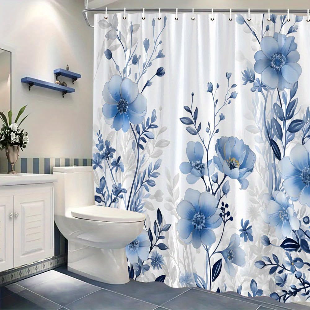 Tenda da doccia digitale con motivo floreale botanico, tessuto impermeabile con fantasia blu e bianca, ideale per bagno, vasca da bagno e altri ambienti (230x170 cm/LxA)