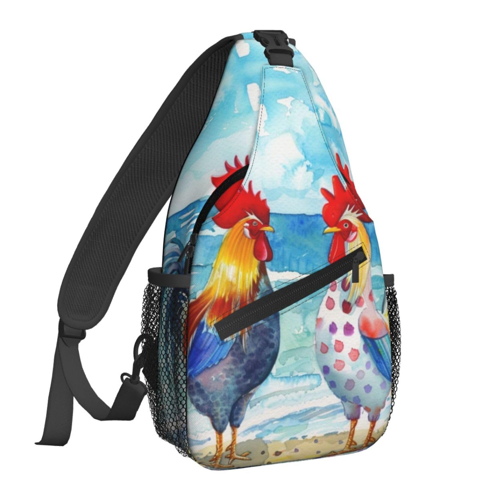 NiuKom Rooster Beach Watercolor Sling Bag For Women Crossbody Shoulder Bag Casual Daypack Backpacks Men Chest Bag Gym Cycling Travel Hiking