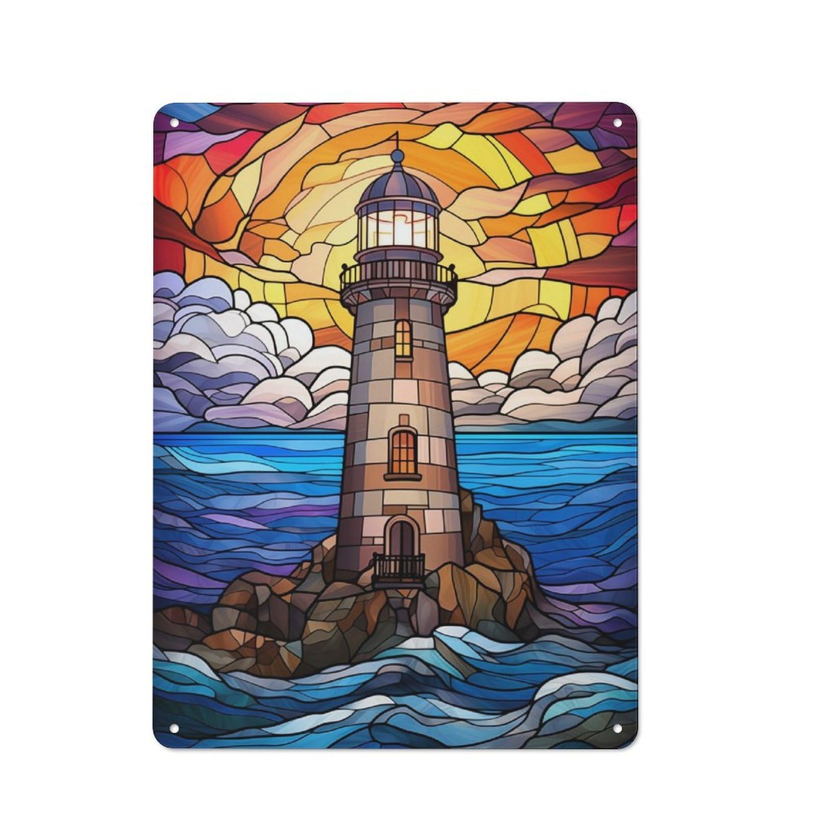 Junmoney Stained Glass Lighthouse Loft Style Metal Wall Sign 40X30cm Featuring Studio Wall Art For Loft, Studio, Office Or Creative Room