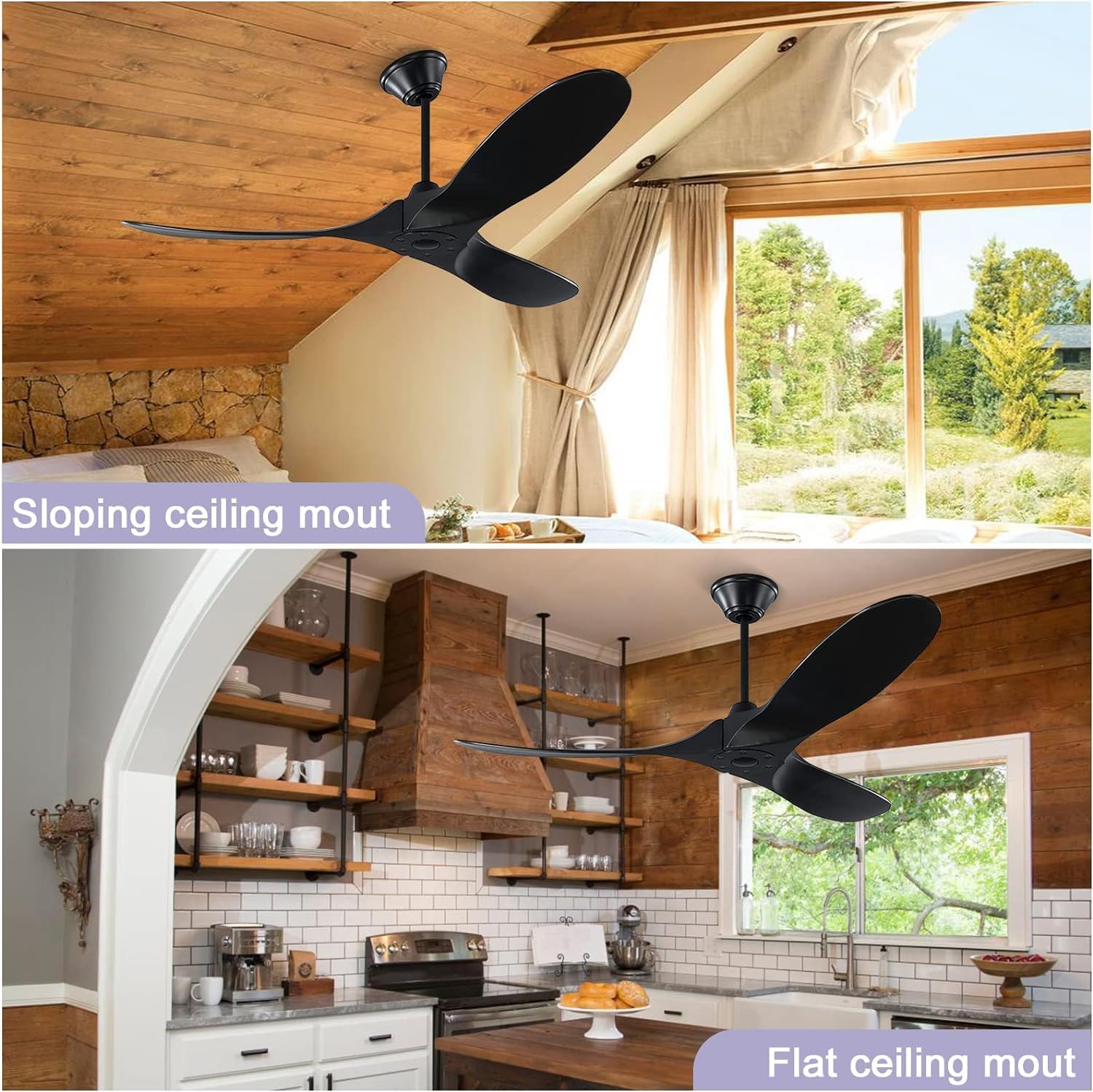 Diagram showing reversible airflow for WLLUIO 60-inch 3-Blade Outdoor Ceiling Fan in summer and winter modes