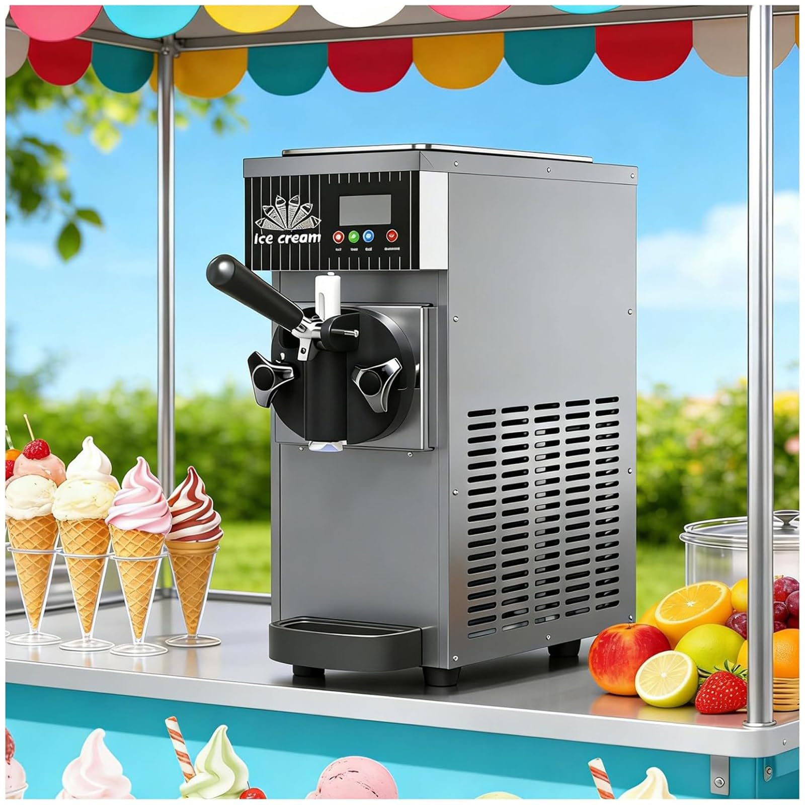 ZEEKYFOR Auto Clean Ice Cream Machine, Countertop Soft Serve Maker with LED Display, for Home & Commercial, 4-8kg/H Output 3.5L Metallic