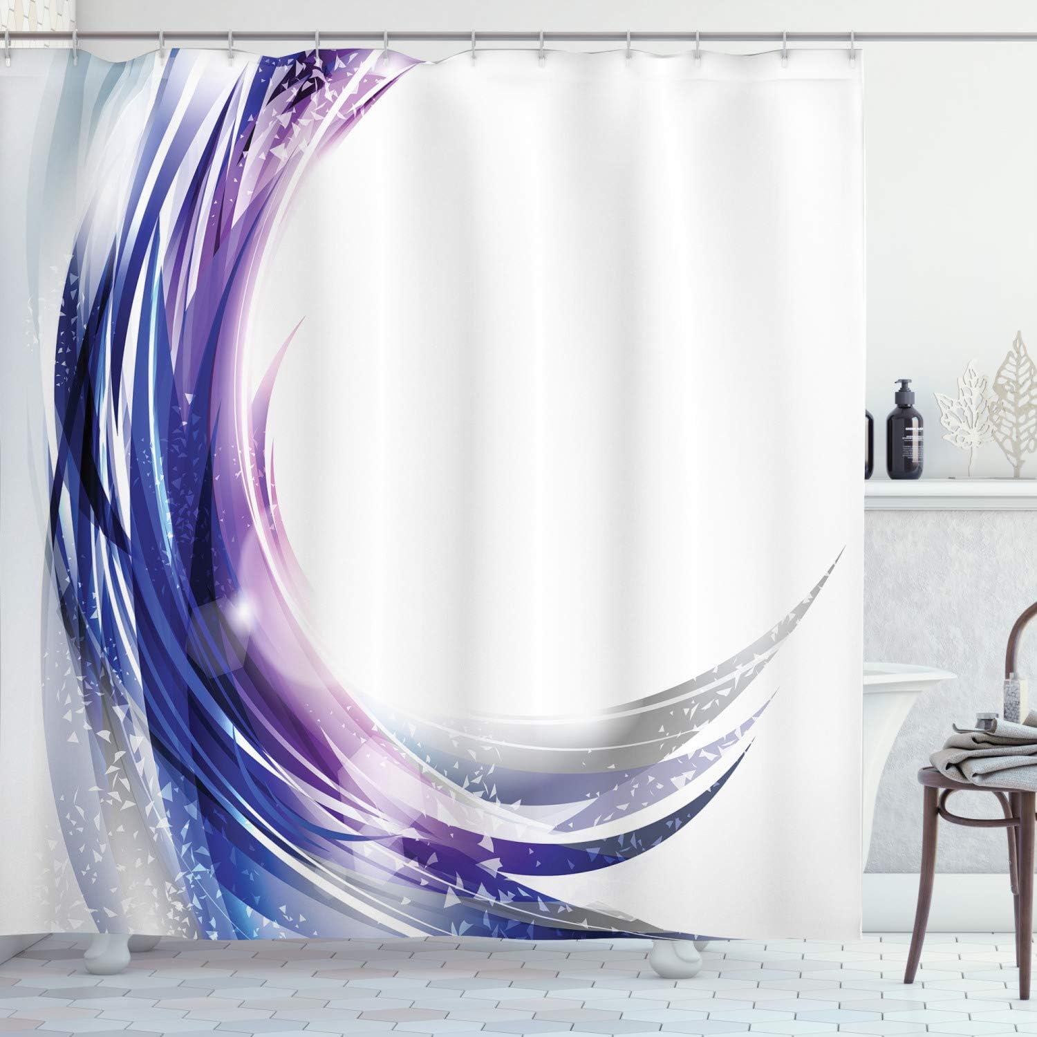Ambesonne Abstract Shower Curtain, Cool Wave Like Ombre Design Vibrant Color Dots Art, Cloth Fabric Bathroom Decor Set with Hooks, 69" W x 70" L, Purple Blue and White