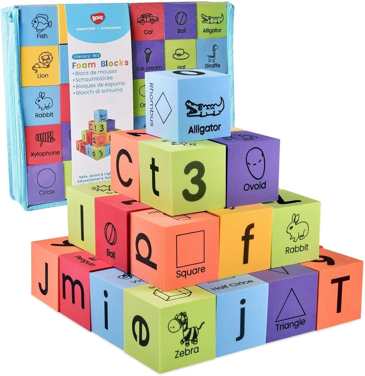 Foam Blocks for Kids, 30-Piece ABC with Uppercase, Lowercase, Shapes | Numbers, words & pictures; Quiet & lightweight; Floats in water,clings to wet tile;6-sided printing;Stacking for motor skills