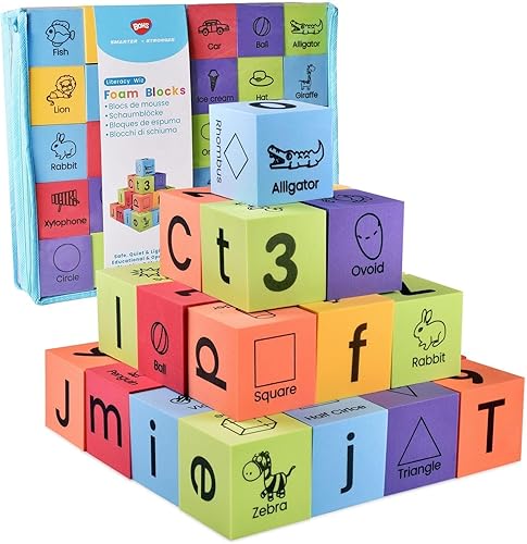 BOHS Bloques de aprendizaje de espuma, números, alfabeto, formas, palabras a la vista, juguetes apilables silenciosos, seguros y suaves para niños