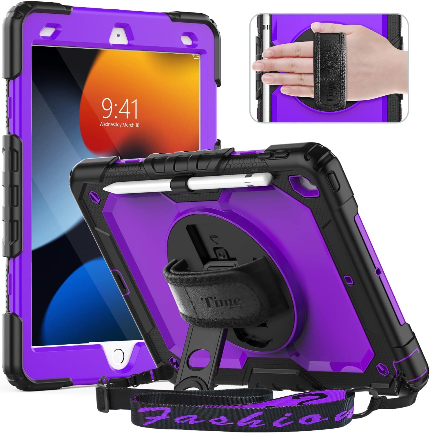 Timecity Case for iPad 9th/ 8th/ 7th Generation 2021/2020/ 2019, iPad 10.2 Case for Kids with Built-in Screen Protector Hand Strap, Kickstand, Pencil Holder, Heavy Duty Protective Cases - Purple