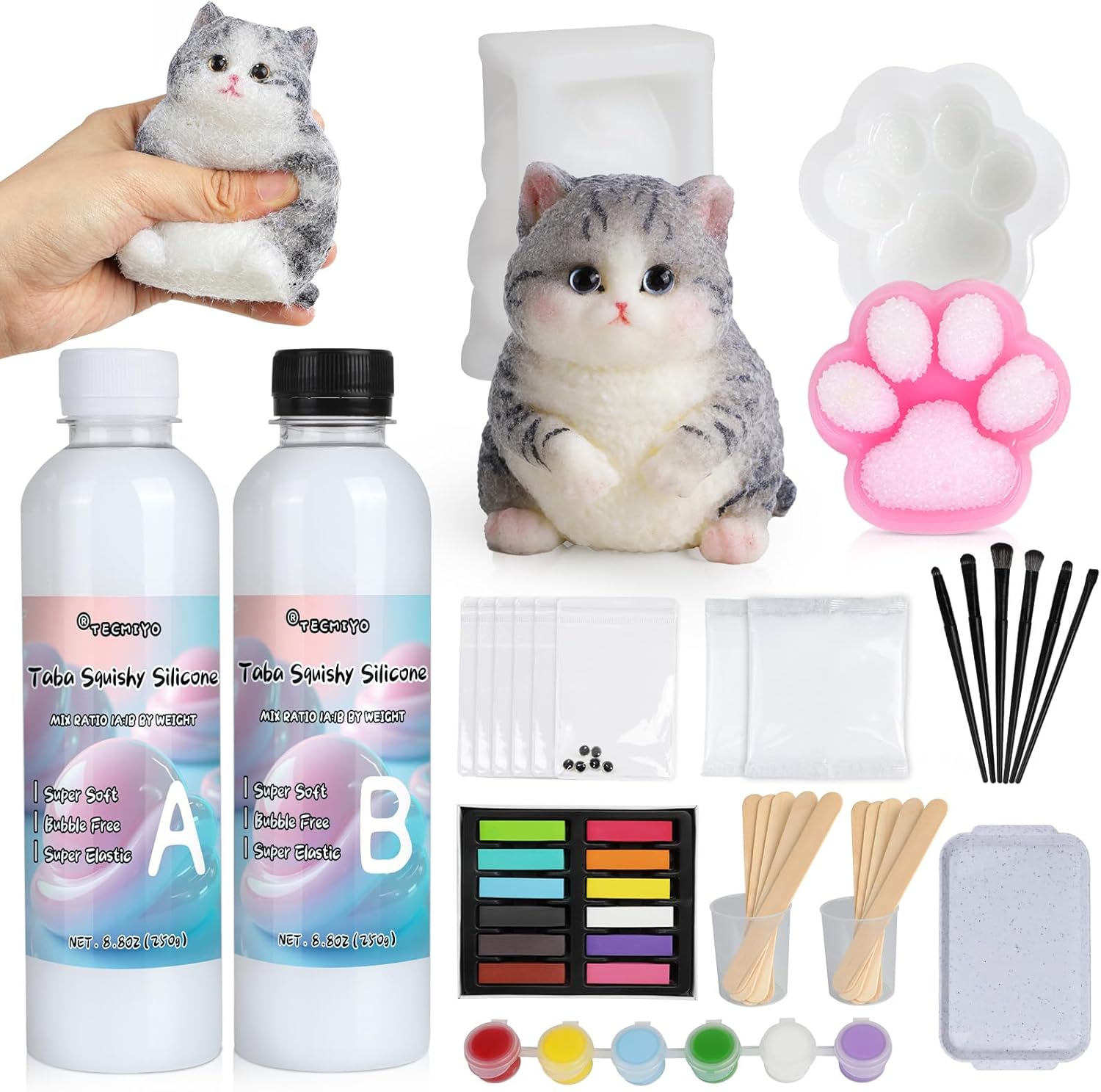 TECMIYO Taba Squishy Making Kit - 18oz 1:1AB Liquid Silicone Set with Paw, Cat and Dog Molds for Handmade Painting - Paint Your Own Squishies