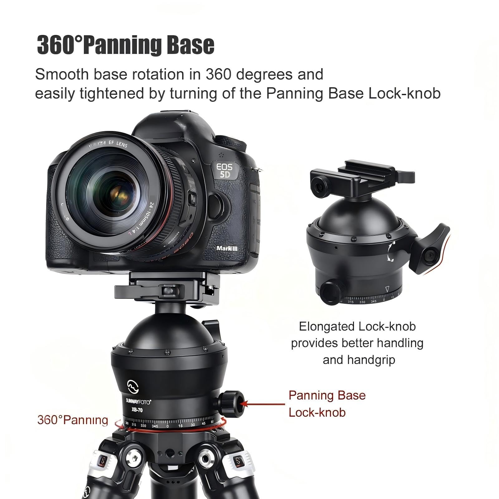 SUNWAYFOTO Testa a sfera XB-70 70 mm per treppiede da caccia, carico 40 kg