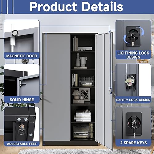 Miniatura 6 de Armario de almacenamiento de metal con 2 puertas y 4 estantes ajustables, gabinete de almacenamiento de acero de 71 pulgadas, armarios de Negro