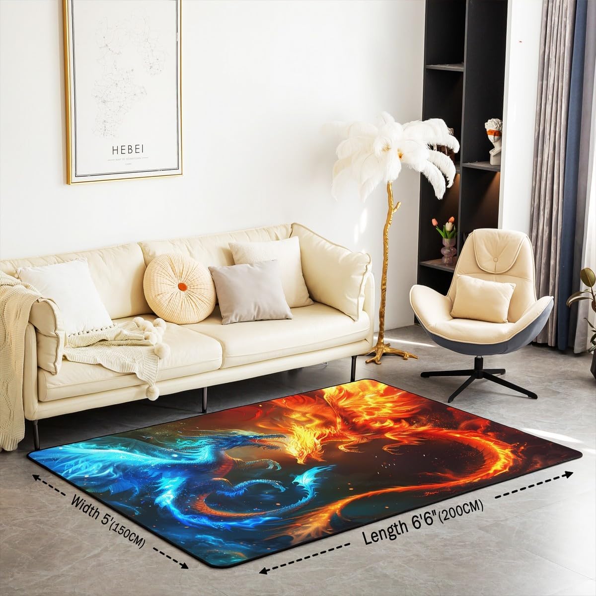 Castle Fairy Western Dragon Area Rug Blue Orange Red Fighting Animals Indoor Floor Mat for Kids Teens Adults Watercolor Wildlife Magical Style Non Slip Rug for Living Room Couch 3'x5'