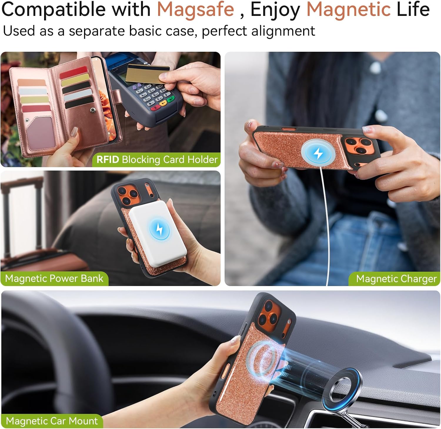Varikke for iPhone 17 Pro Wallet Case Compatible with Magsafe Detachable Magnetic Flip with RFID Blocking Card Holder, Glitter PU Leather Wrist Strap Phone Case for iPhone 17 Pro 6.3", Rose Gold