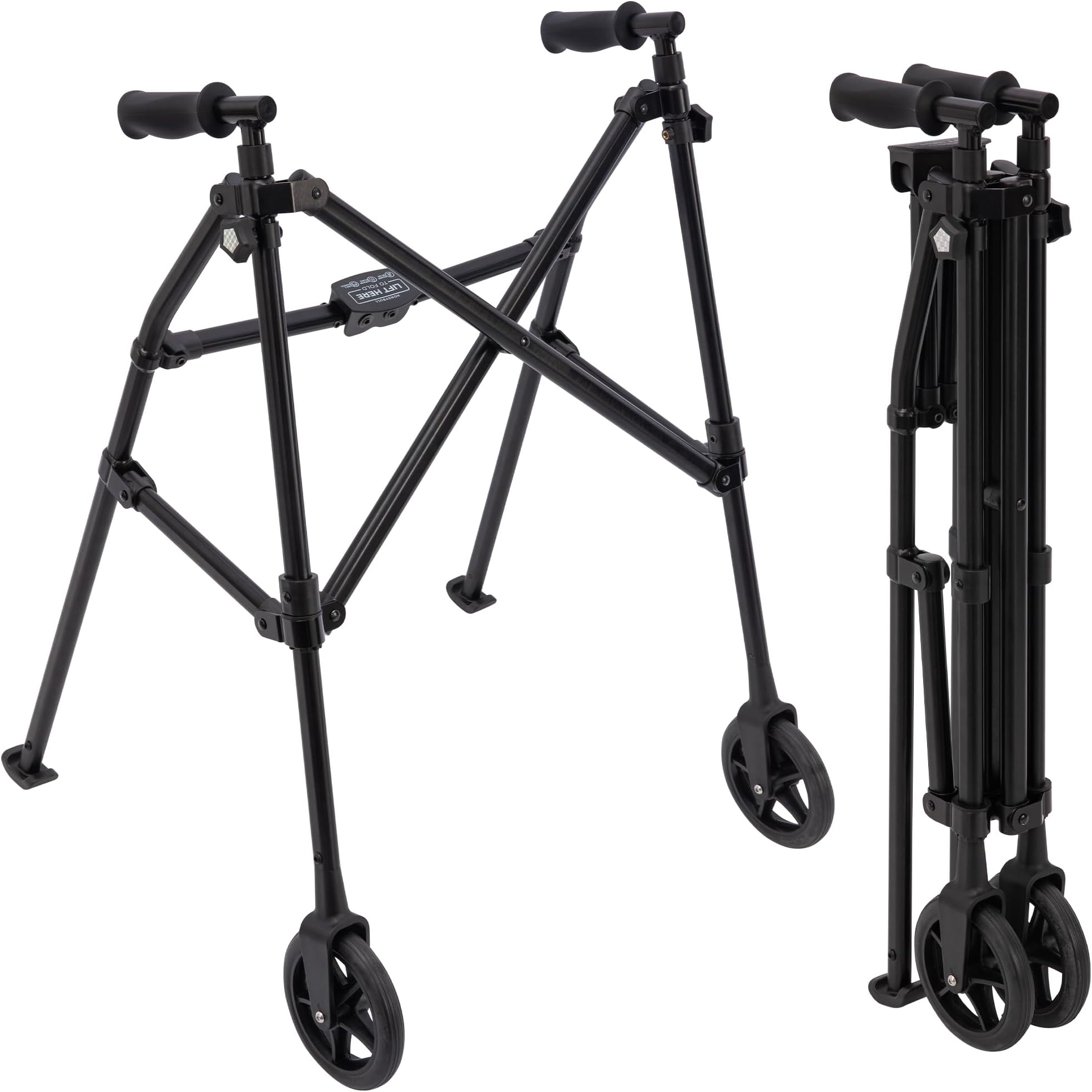 HoneyBull Folding Walker (Matte Black) Lightweight 3 Pound, Portable Rolling Walker for Adults, Seniors, Elderly|Compact Travel Walker with Wheels and Ski Glides|Strong Aluminum|Height Adjustable