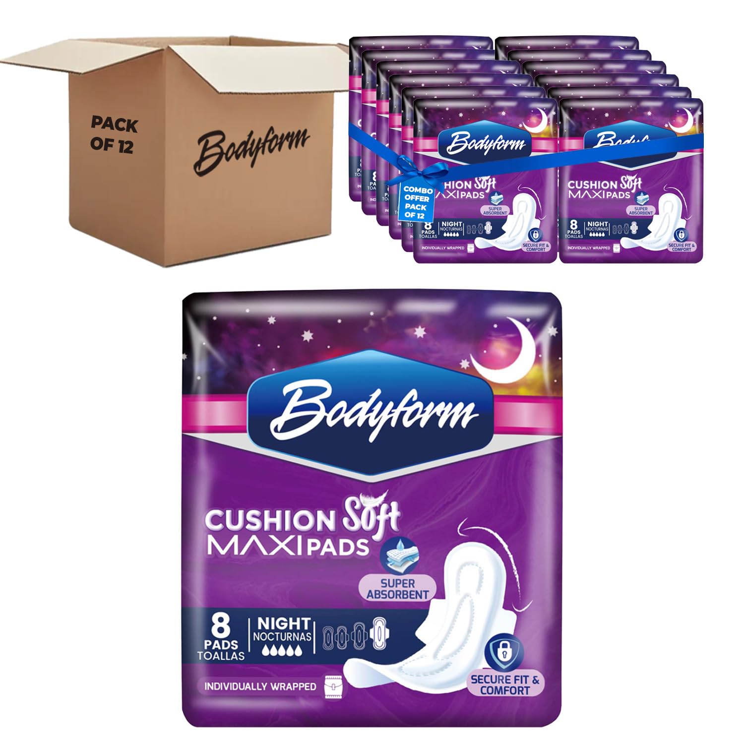Bodyform Maxi - Value Sanitary Napkins, Cushion Soft Always Comfortable and Ultra-Absorbent (Night, 96 Count (12 Packs of 8 Counts))